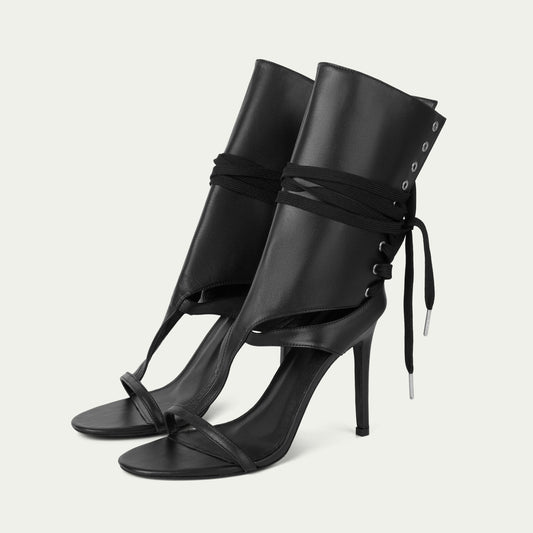 Black Open Round-Toe Back Lace-Up Shaft Stiletto High Heels