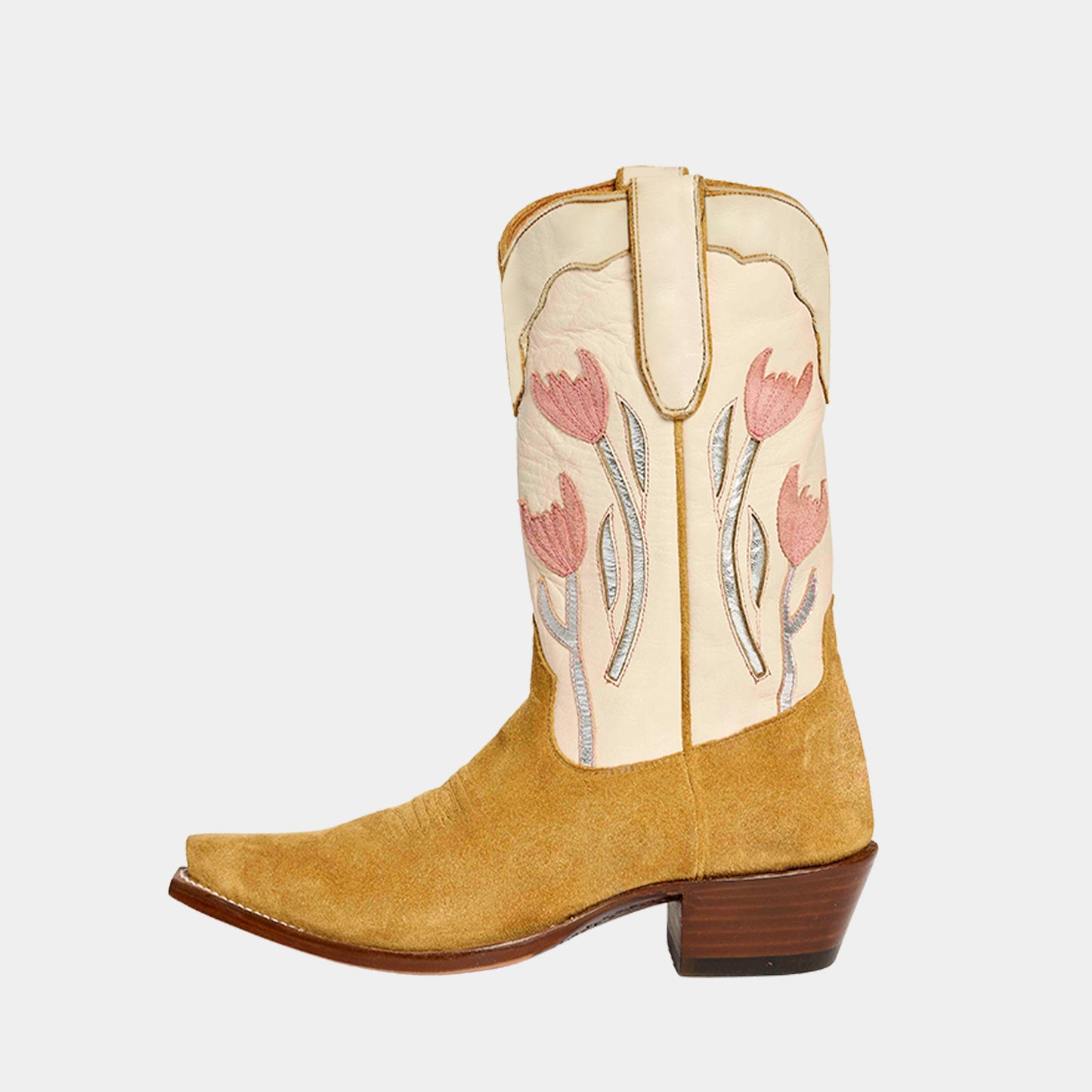 Contrast Cream And Camel Faux Suede Snip-Toe Silver Tulip Inlay Mid Calf Cowgirl Boots