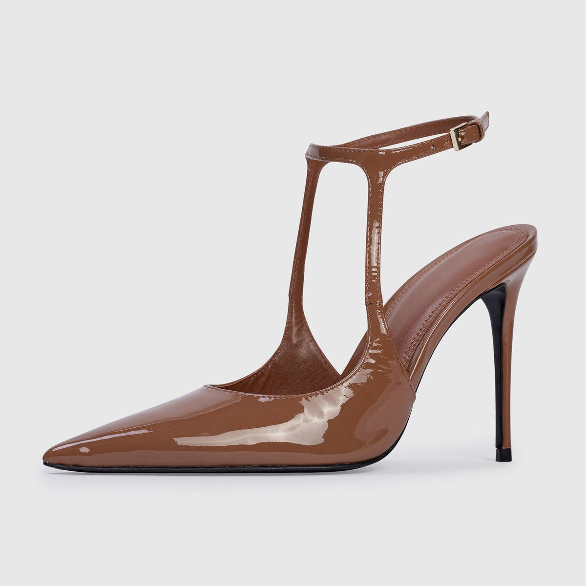 Patent Coffee Pointed-Toe Ankle Strap With Buckle Chic High Heels
