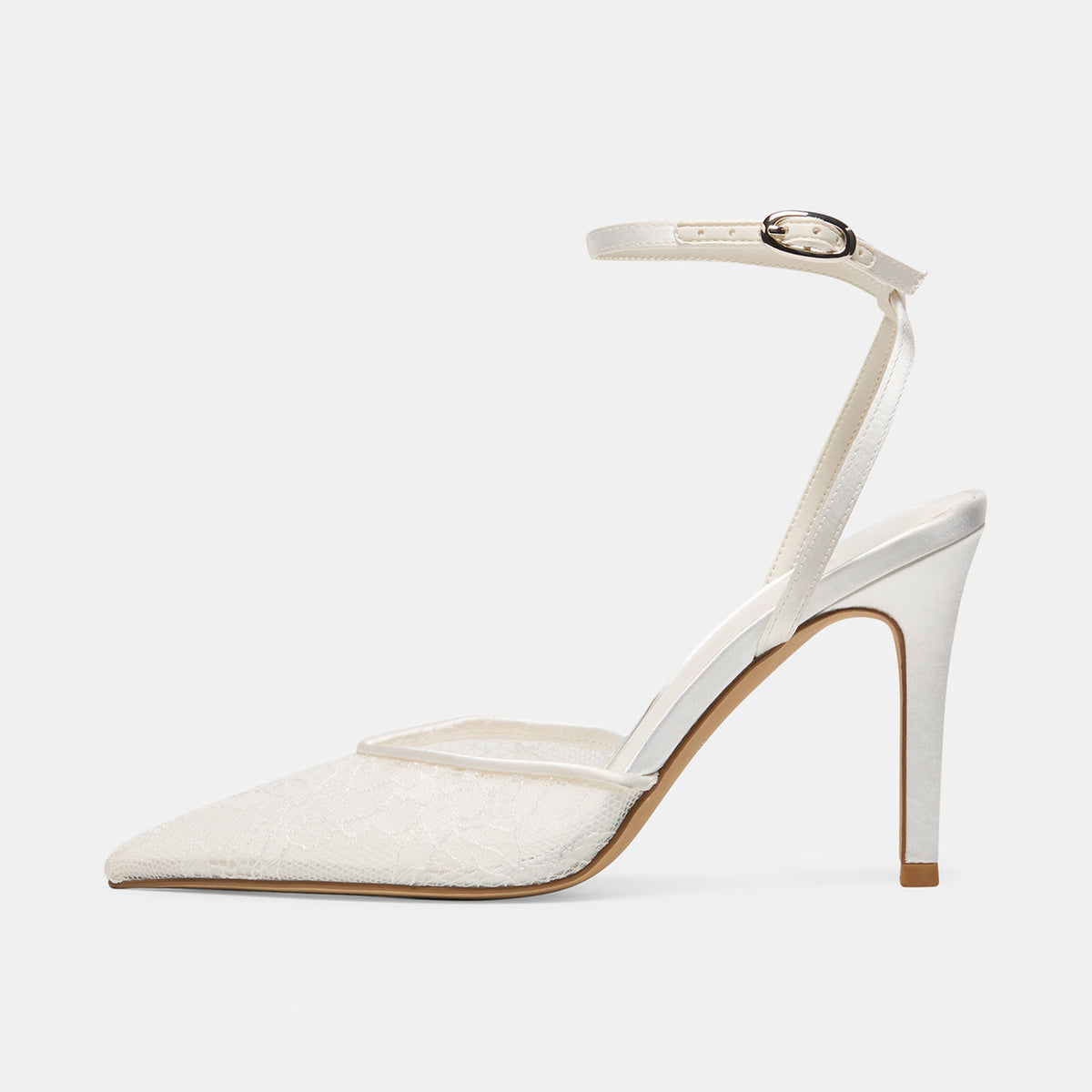 White Lace Mesh Pointed-Toe Satin Back Strap Kitten Heels