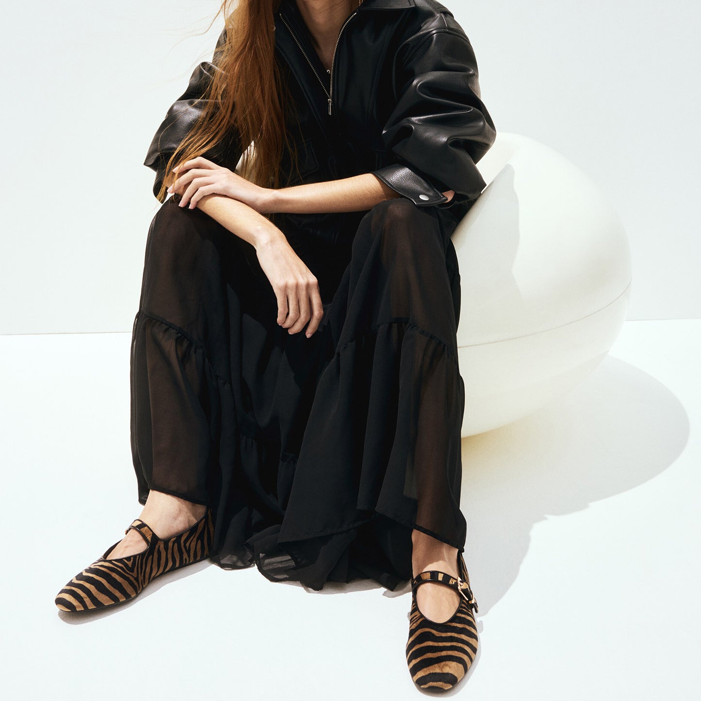 Beige Zebra Pony Hair Square-Toe Bridge Strap Ballet Flats