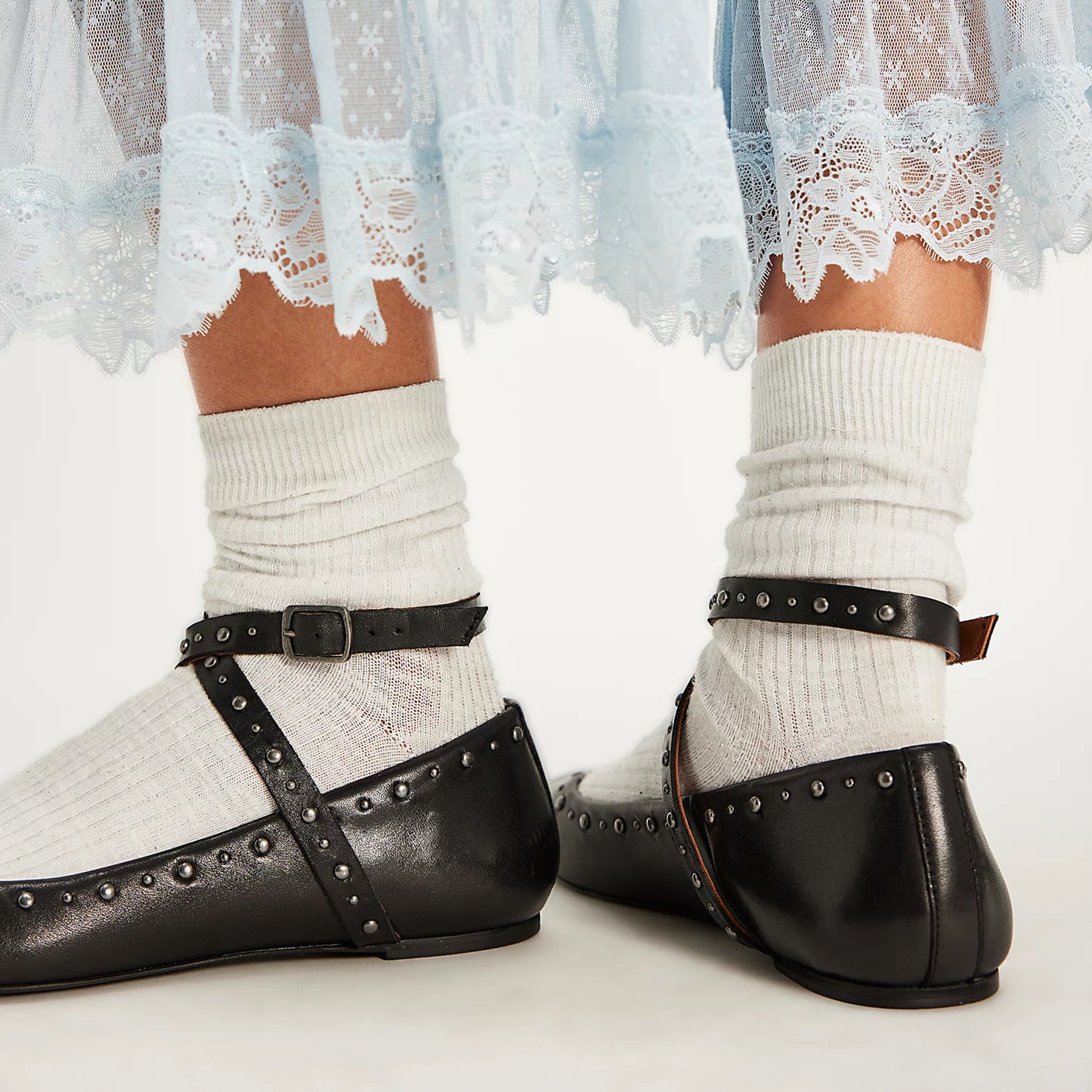 Black Square-Toe Wraparound Straps Studded Ballet Flats