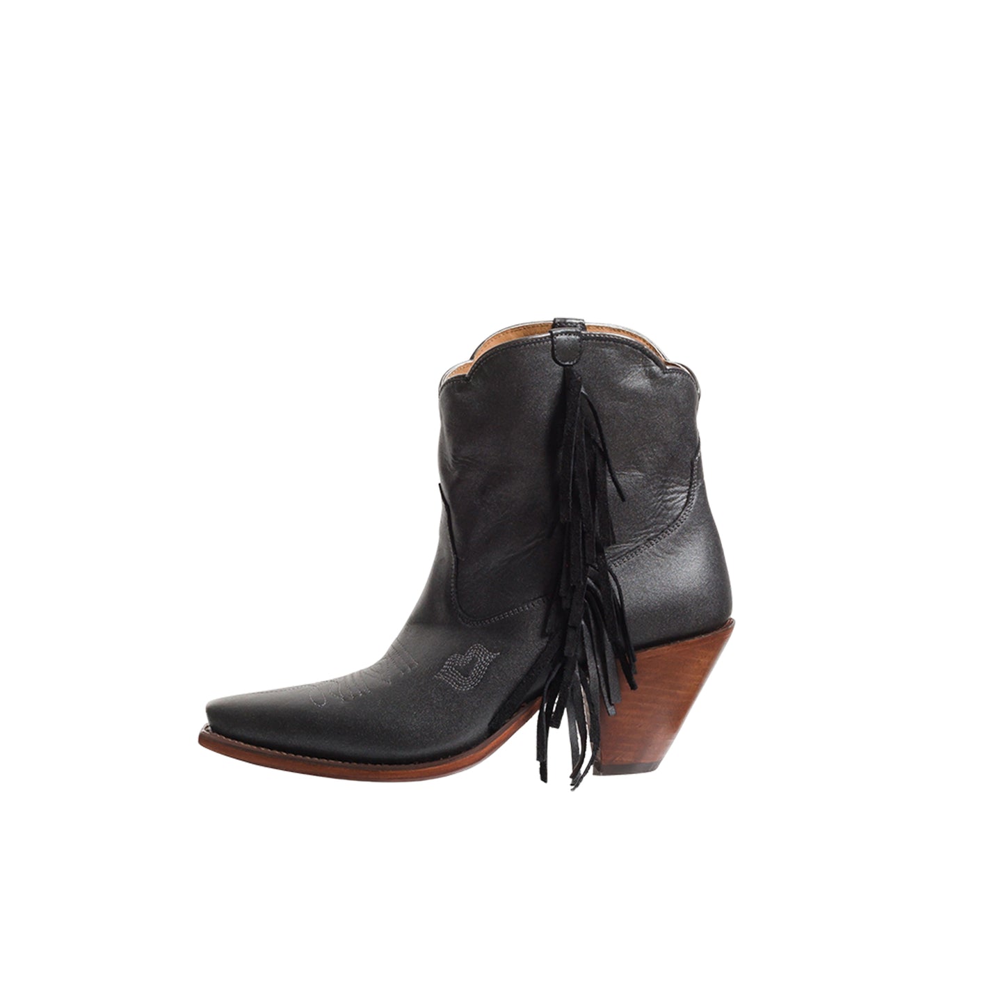 Black Snip-Toe Side Fringe Ankle Cowgirl Boots