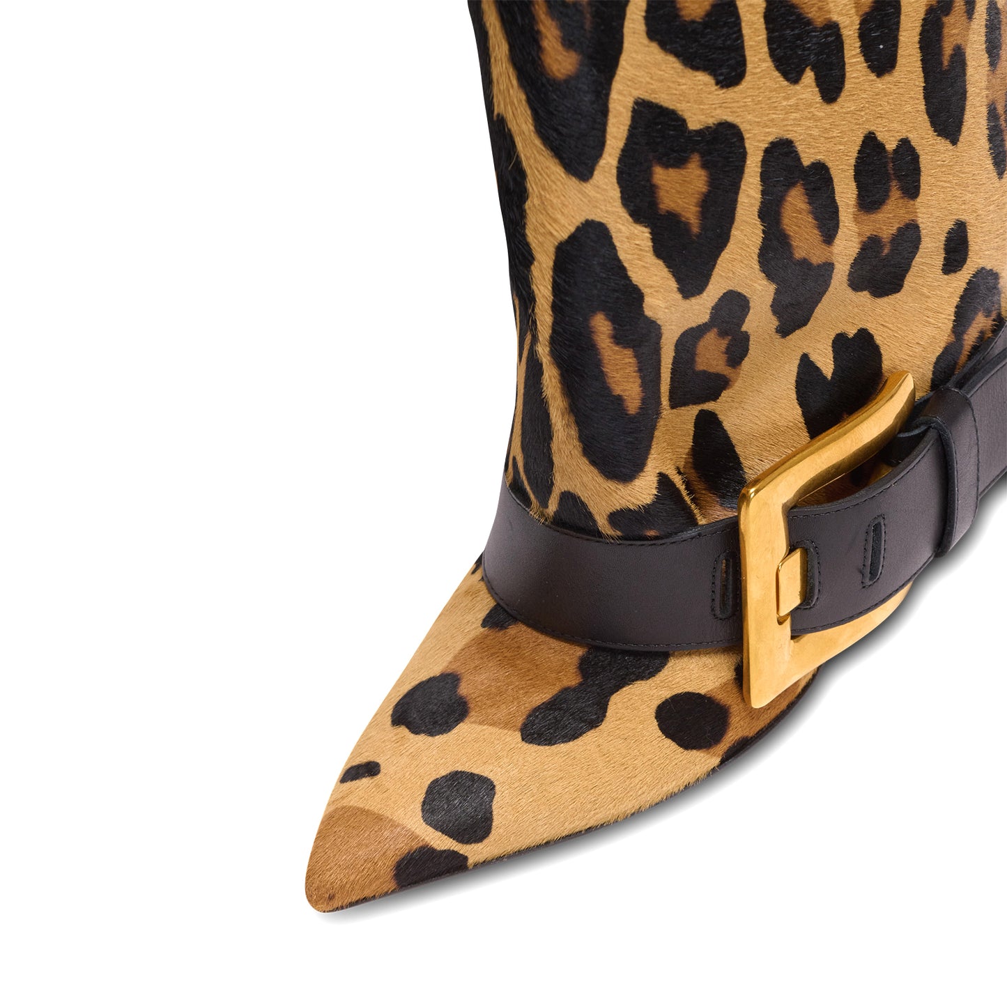 Leopard Pointed-Toe Bottom Buckle Fold-Over Wide Calf Knee High Stiletto Boots