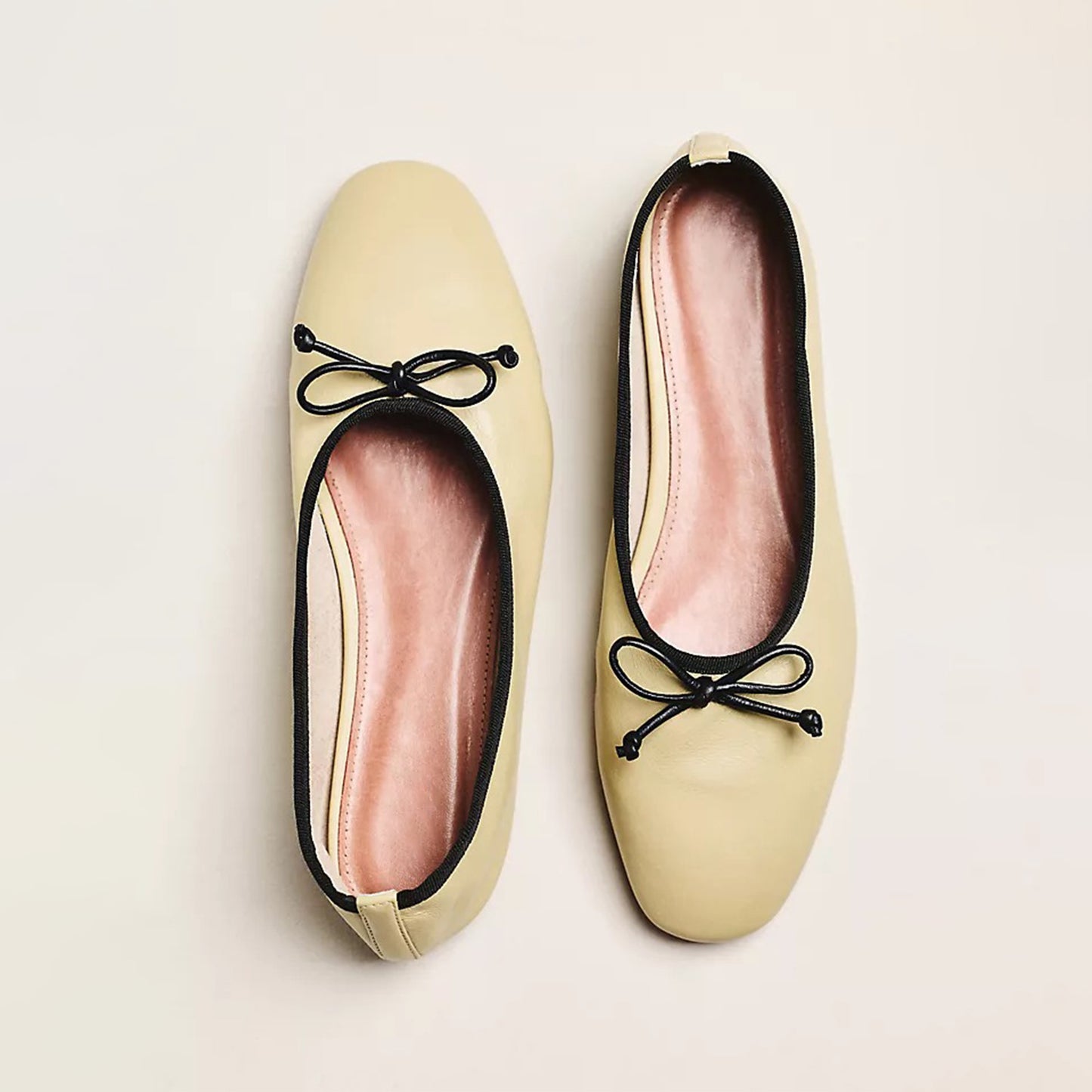 Cream Square-Toe Slip-On Front Bow Classic Ballet Flats