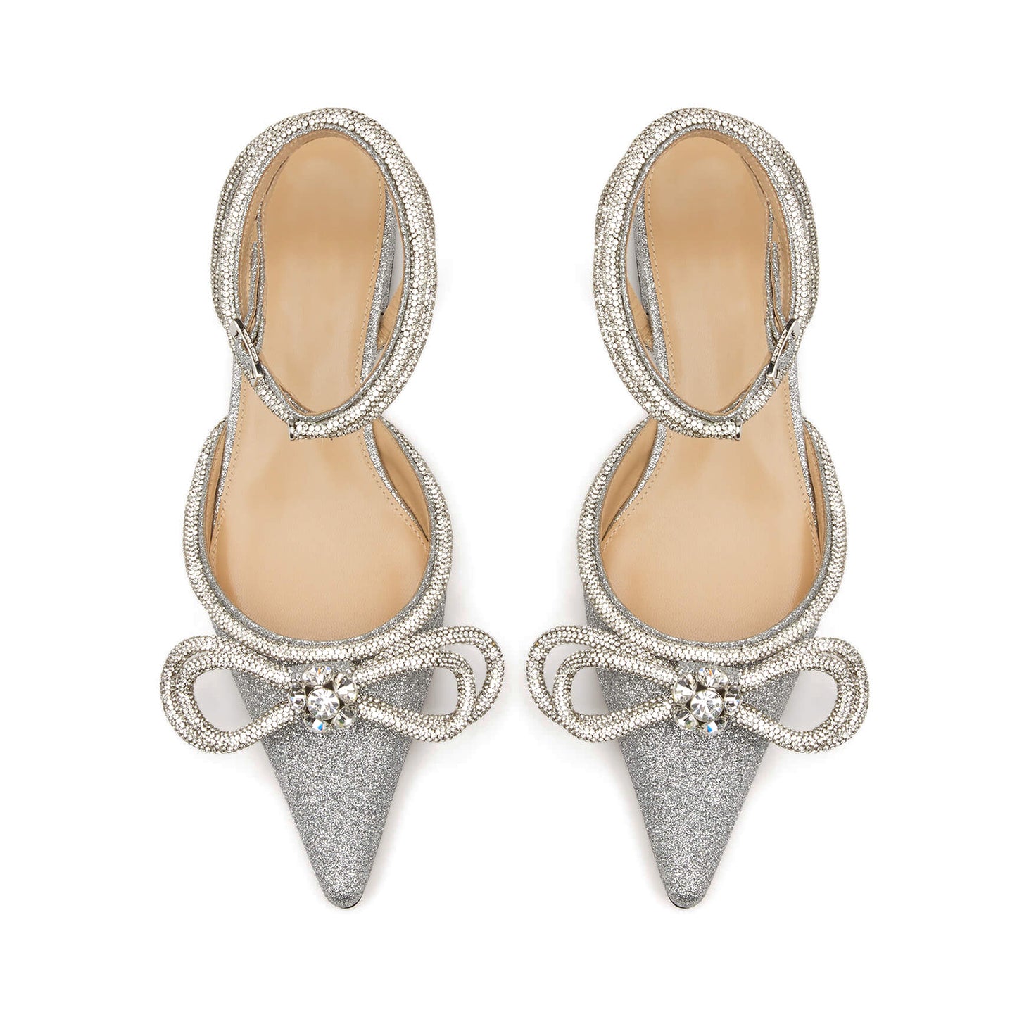 Silver Full Glitter Pointed-Toe Double Bow With Rhinestones Ankle Strap Flats