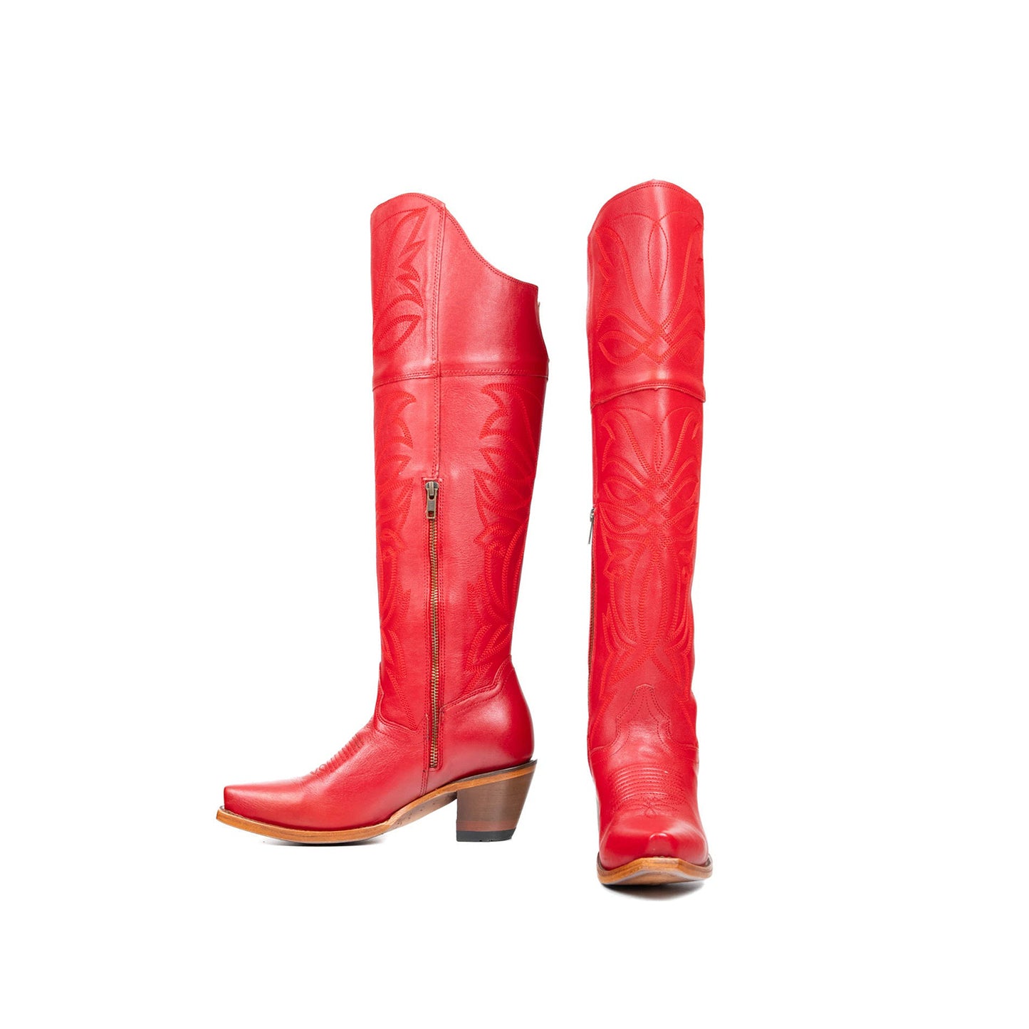 Red Snip-Toe Half-Zip Western Embroidery Knee High Cowgirl Boots