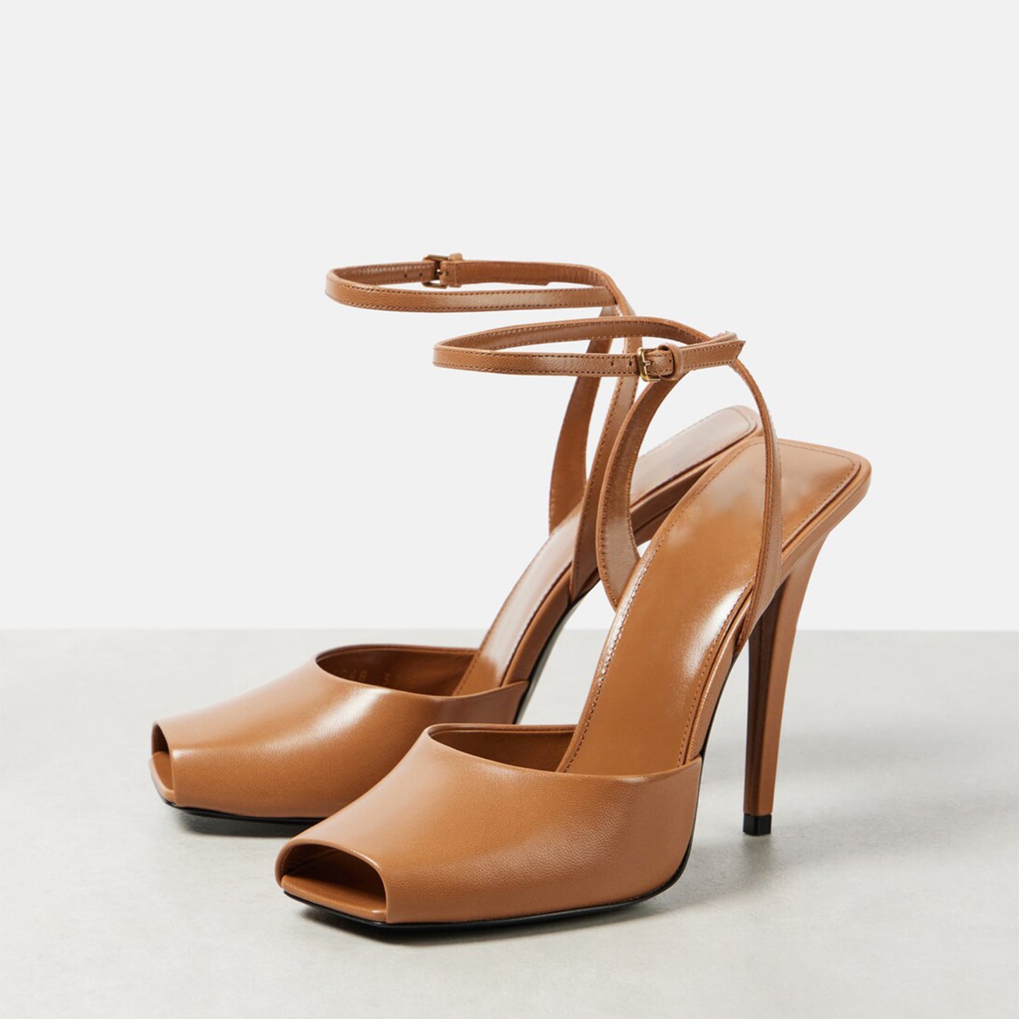 Brown Square-Toe Ankle Strap High Heels