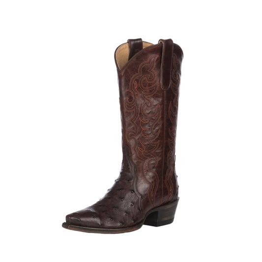 Chocolate Contrast Vegan Leather And Ostrich Print Snip-Toe Embroidery Classic Mid Calf Cowgirl Boots
