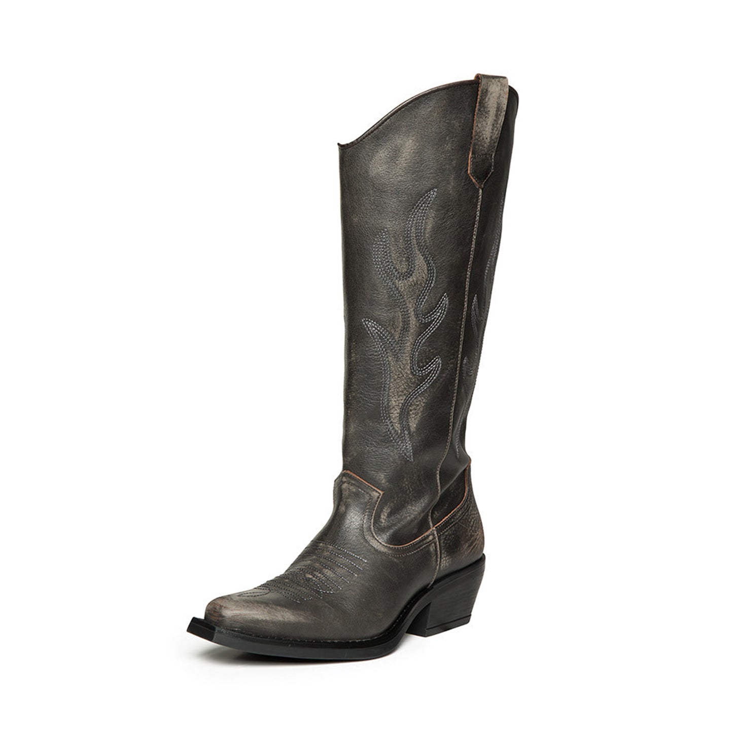 Dark Brown Snip-Toe Flame Embroidery Wide Calf Knee High Cowgirl Boots