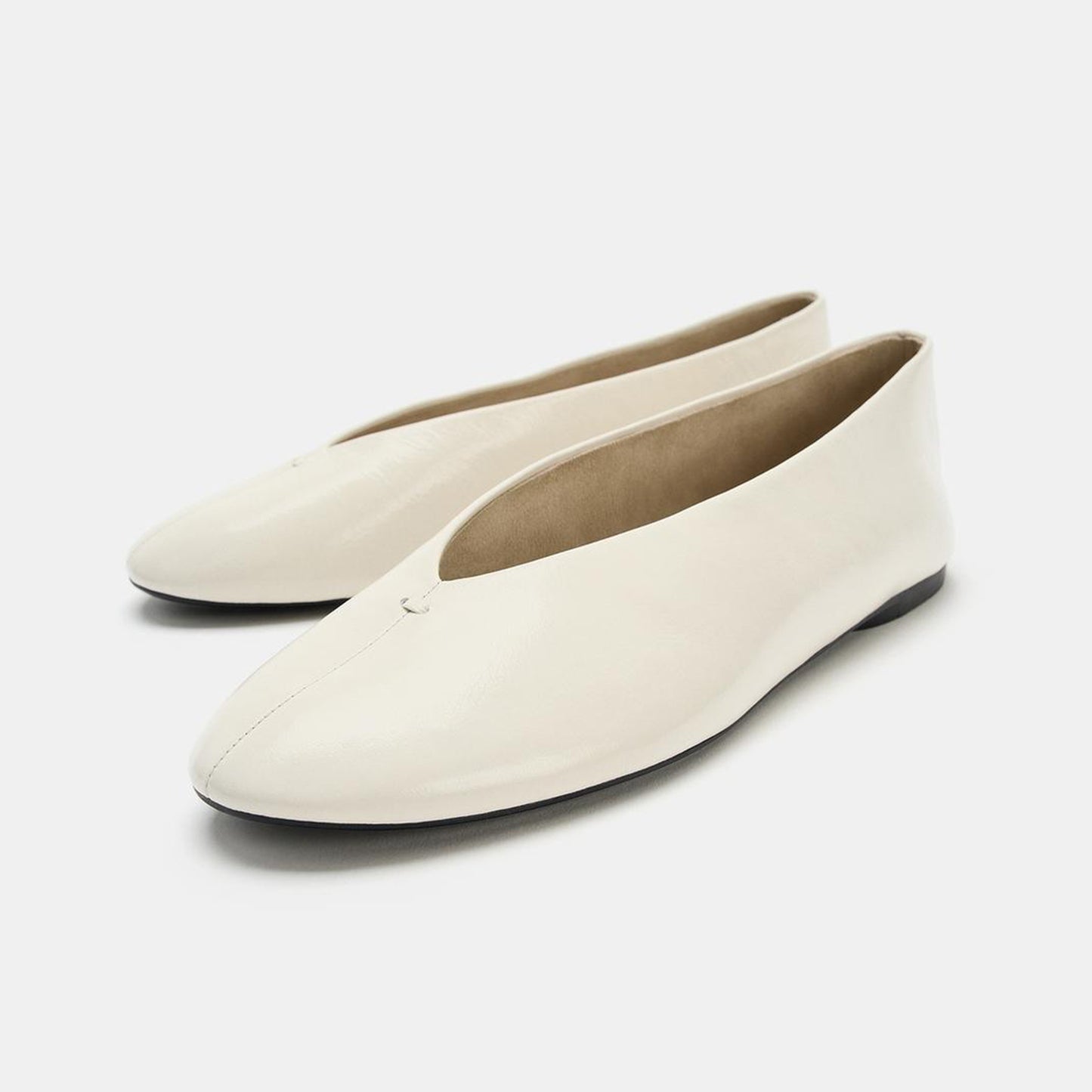 Ivory Round-Toe V-Neckline Ballet Flats