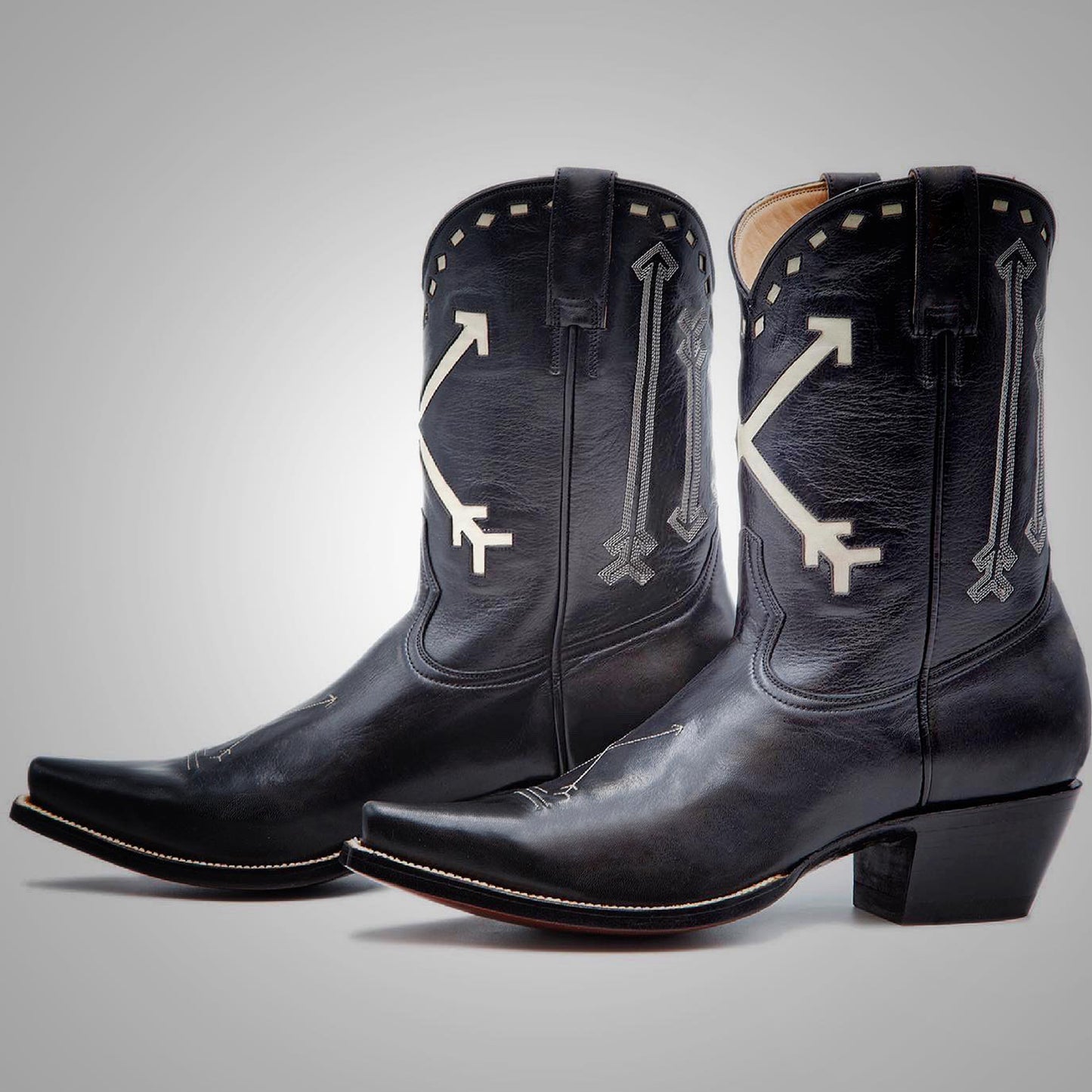 Black Snip-Toe Embroidery "X" Inlay Ankle Cowgirl Boots