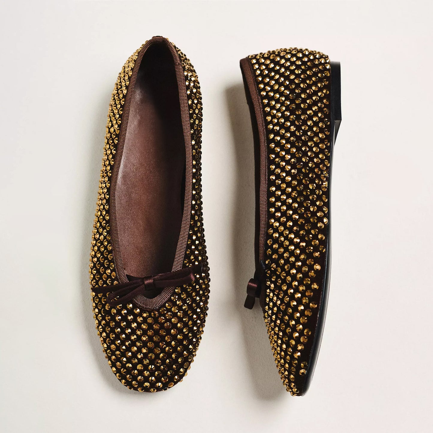 Cocoa Velvet Round-Toe Center Studded Bow Slip-on Ballet Flats