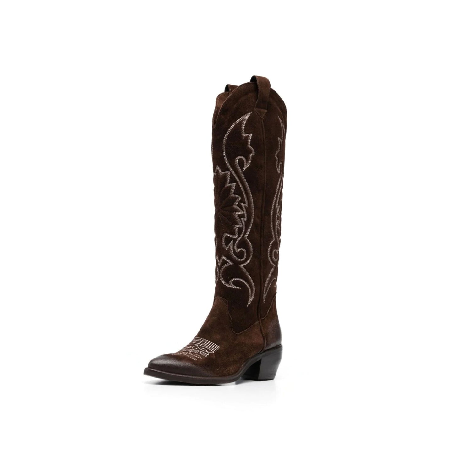 Dark Brown Faux Suede Pointed-Toe Embroidery Wide Calf Knee High Cowgirl Boots