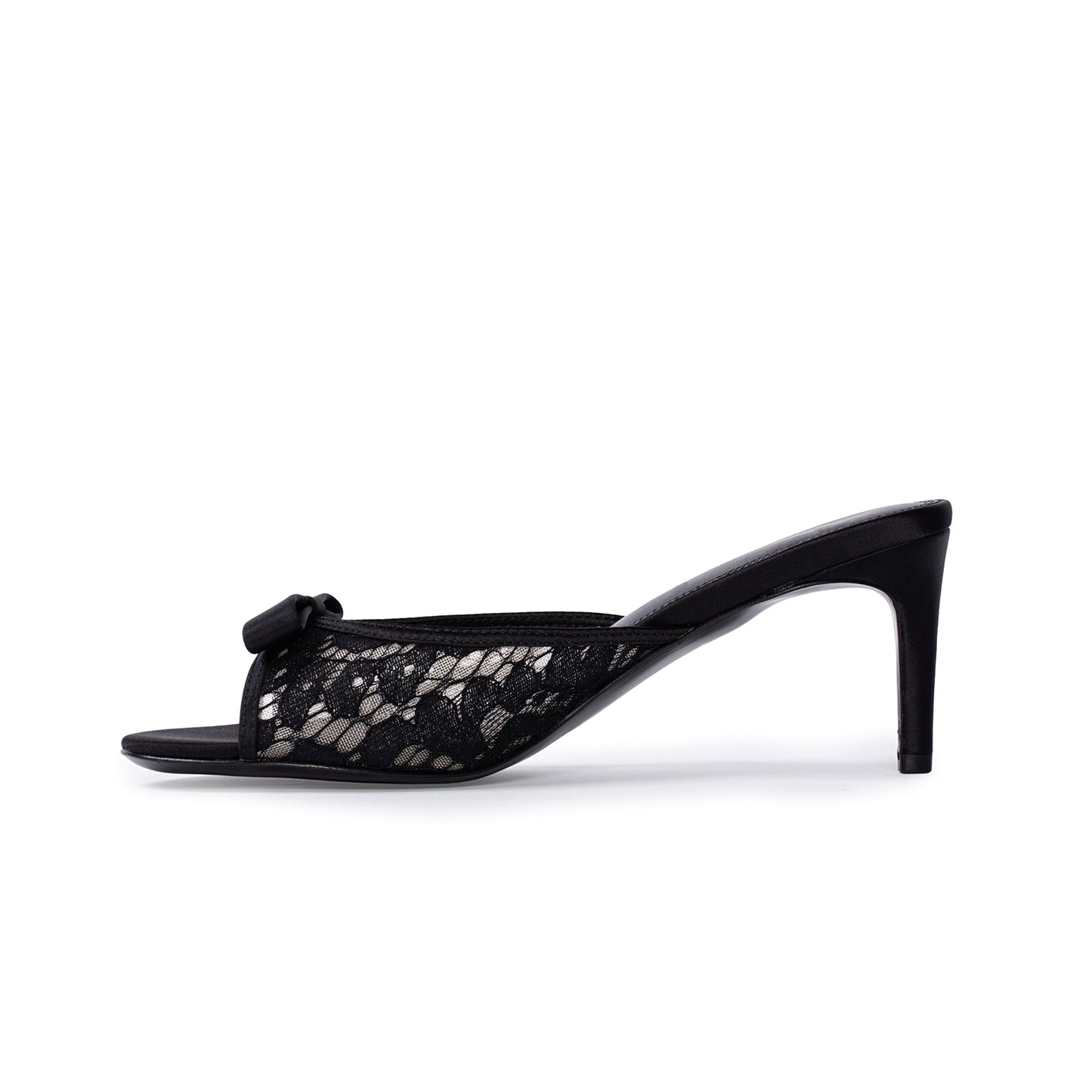 Black Lace Satin Round-Toe Front Bow Backless High Heels