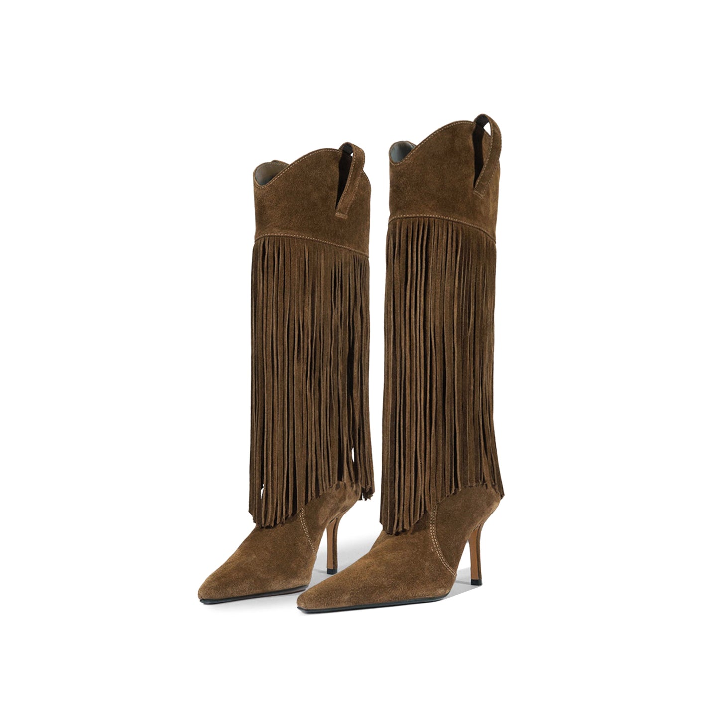 Brown Faux Suede Pointed-Toe Shaft Fringe Mid Calf Stiletto Boots