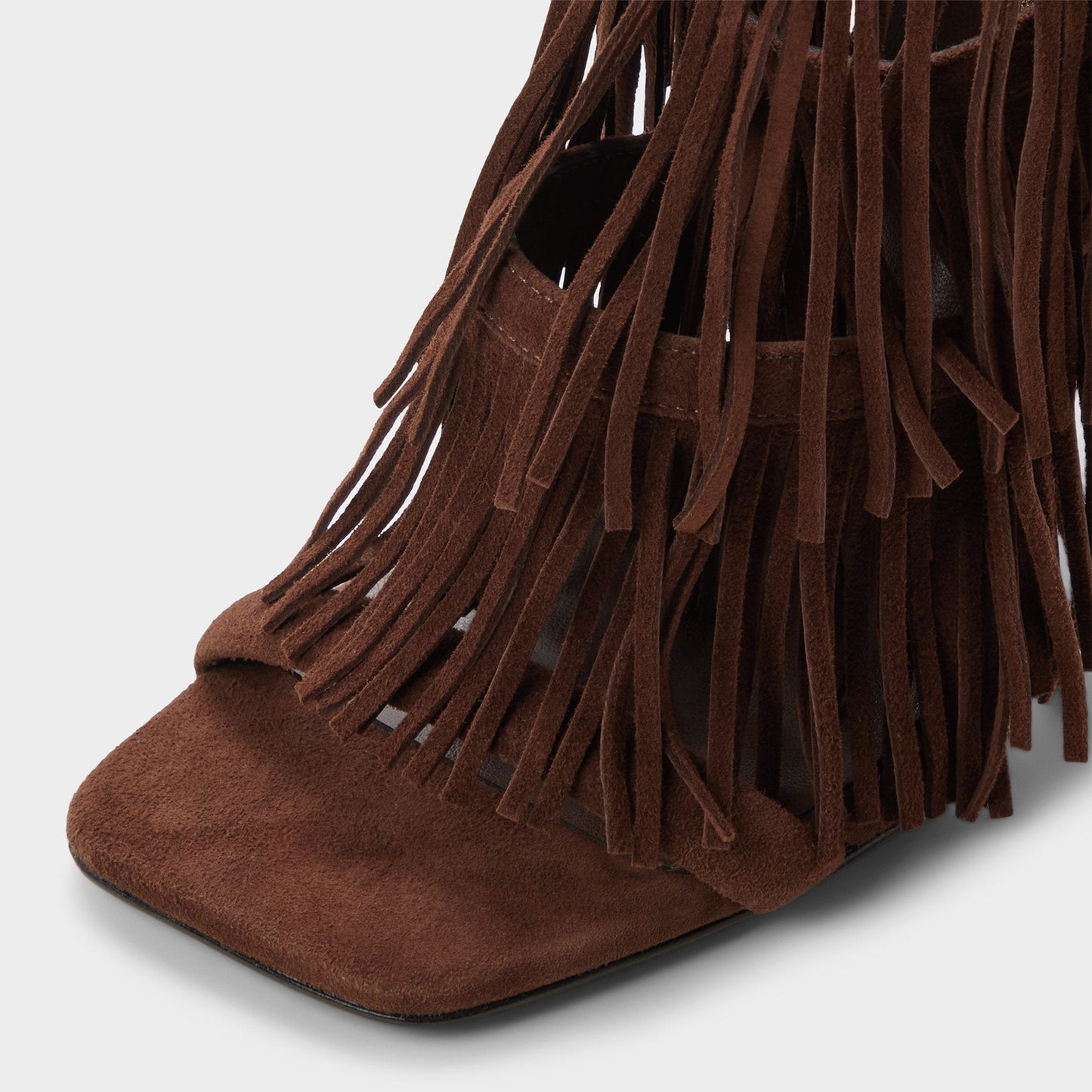 Brown Faux Suede Square-Toe Fringe And Strappy Back-Zip High Heels