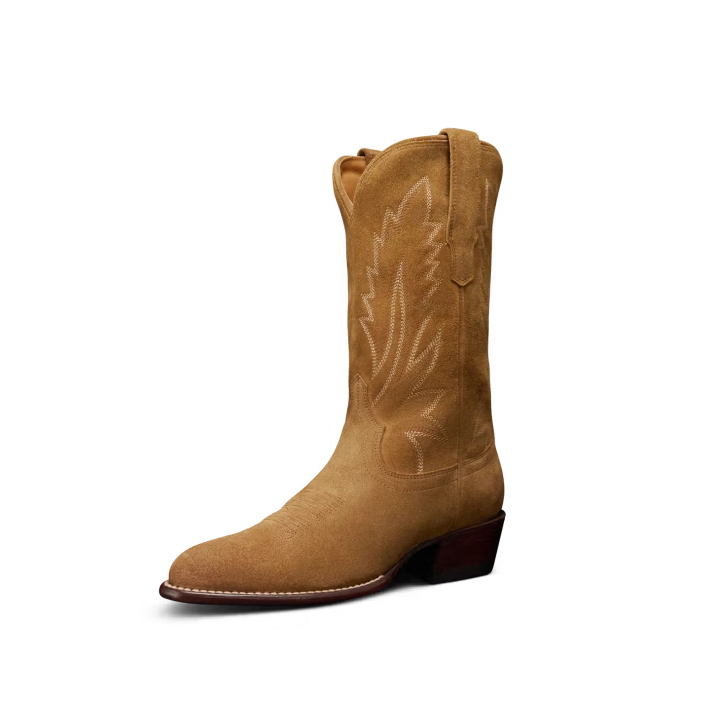 Caramel Faux Suede Almond-Toe Embroidery Mid Calf Cowgirl Boots