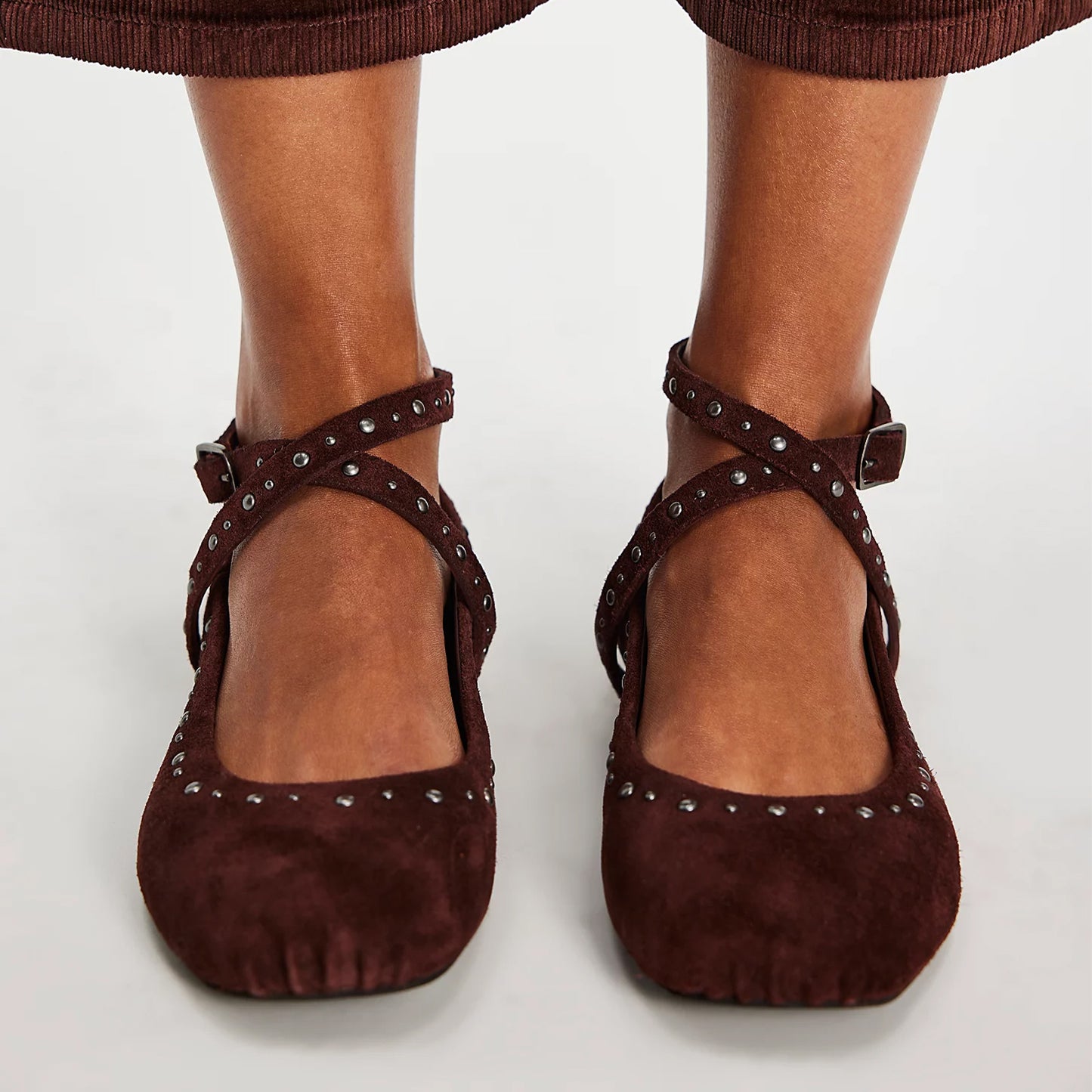 Dark Brown Faux Suede Square-Toe Wraparound Straps Studded Ballet Flats
