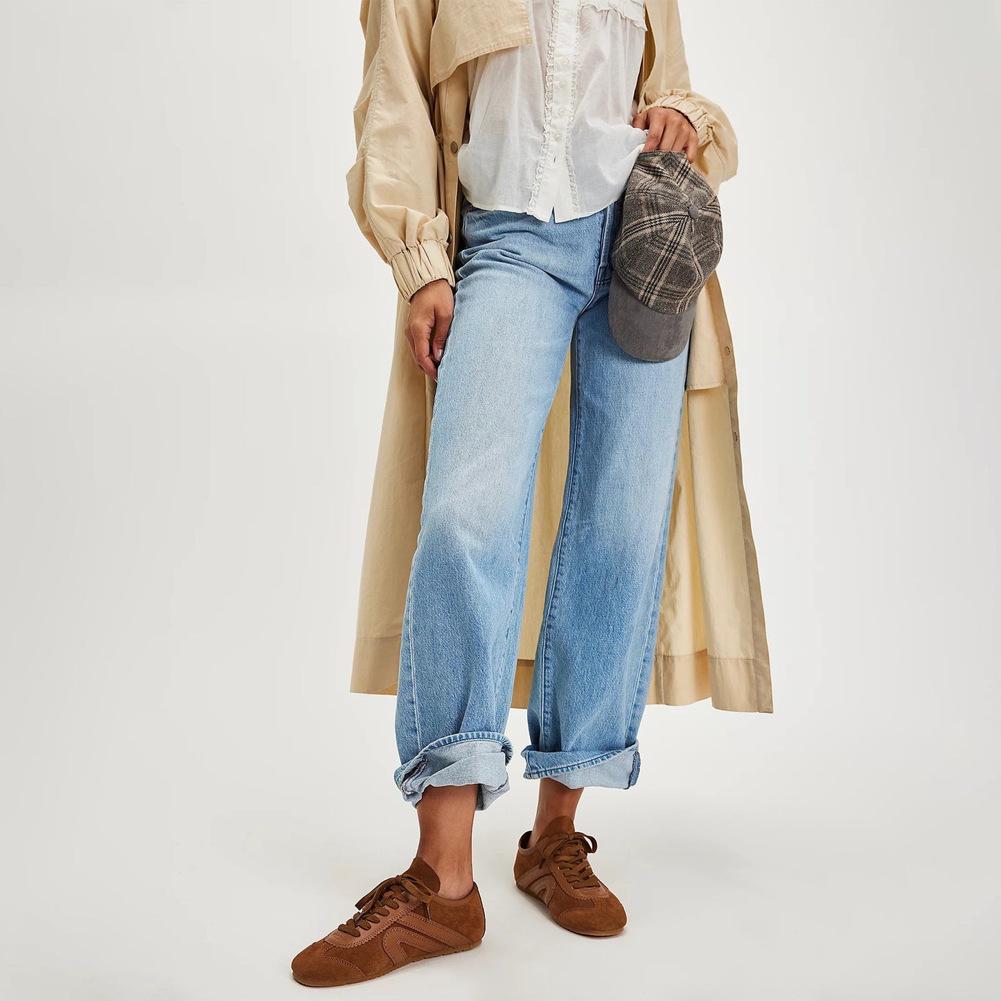 Tan Faux Suede Square-Toe Lace-Up Sneakers Flats