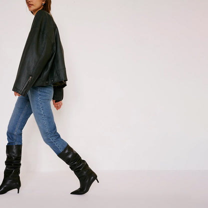 Black Pointed-Toe Wide Calf Knee High Stiletto Boots