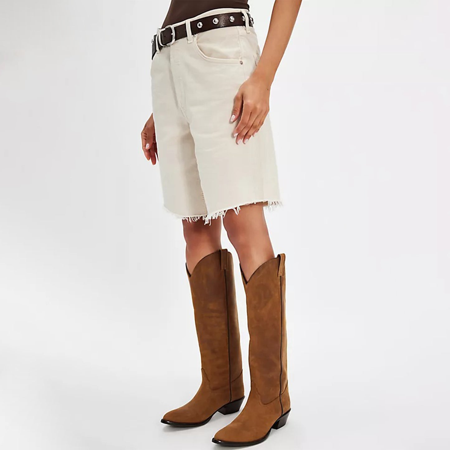 Brown Almond-Toe Classic Wide Calf Knee High Cowgirl Boots