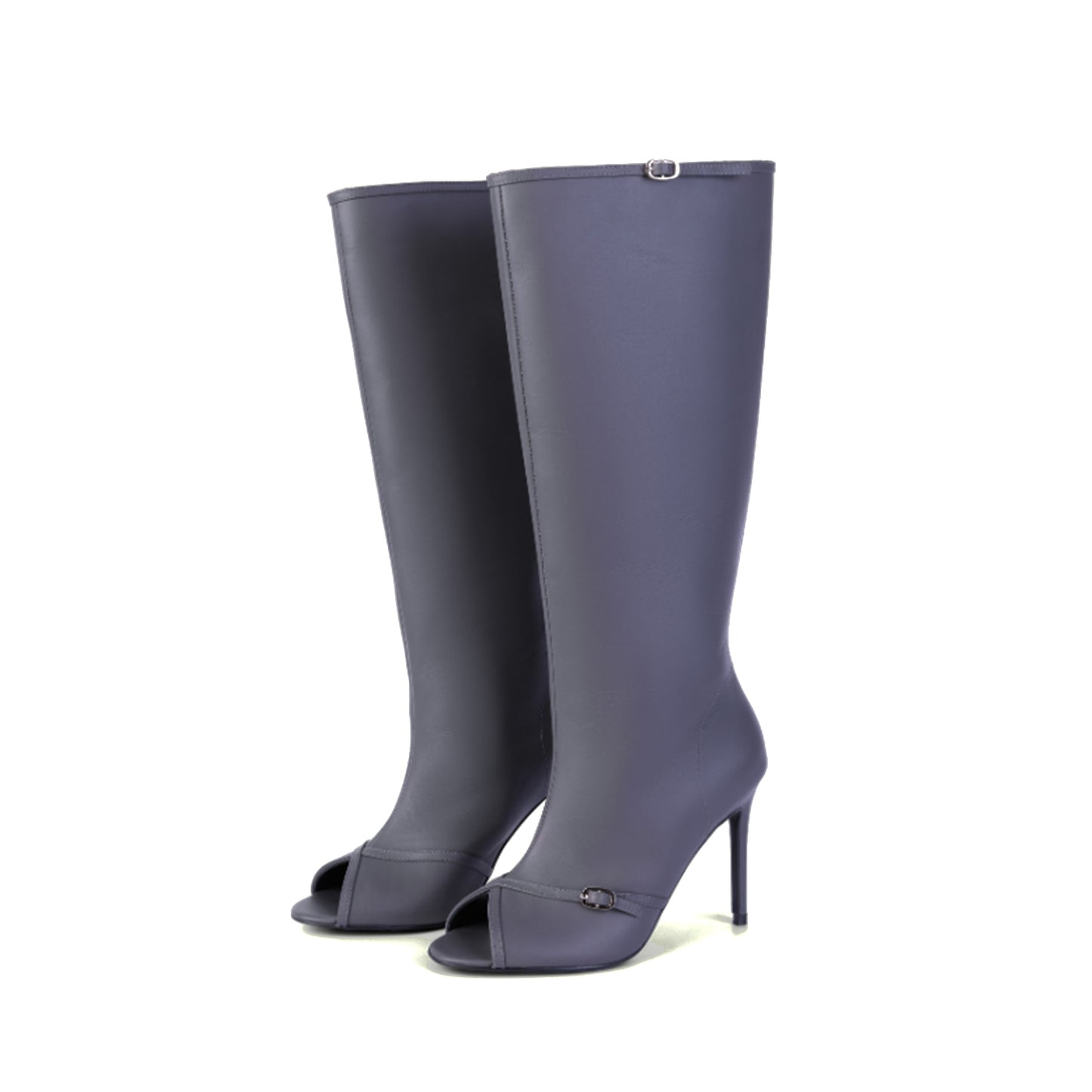 Dark Gray Peep Round-Toe Sleek Wide Calf Knee High Stiletto Boots