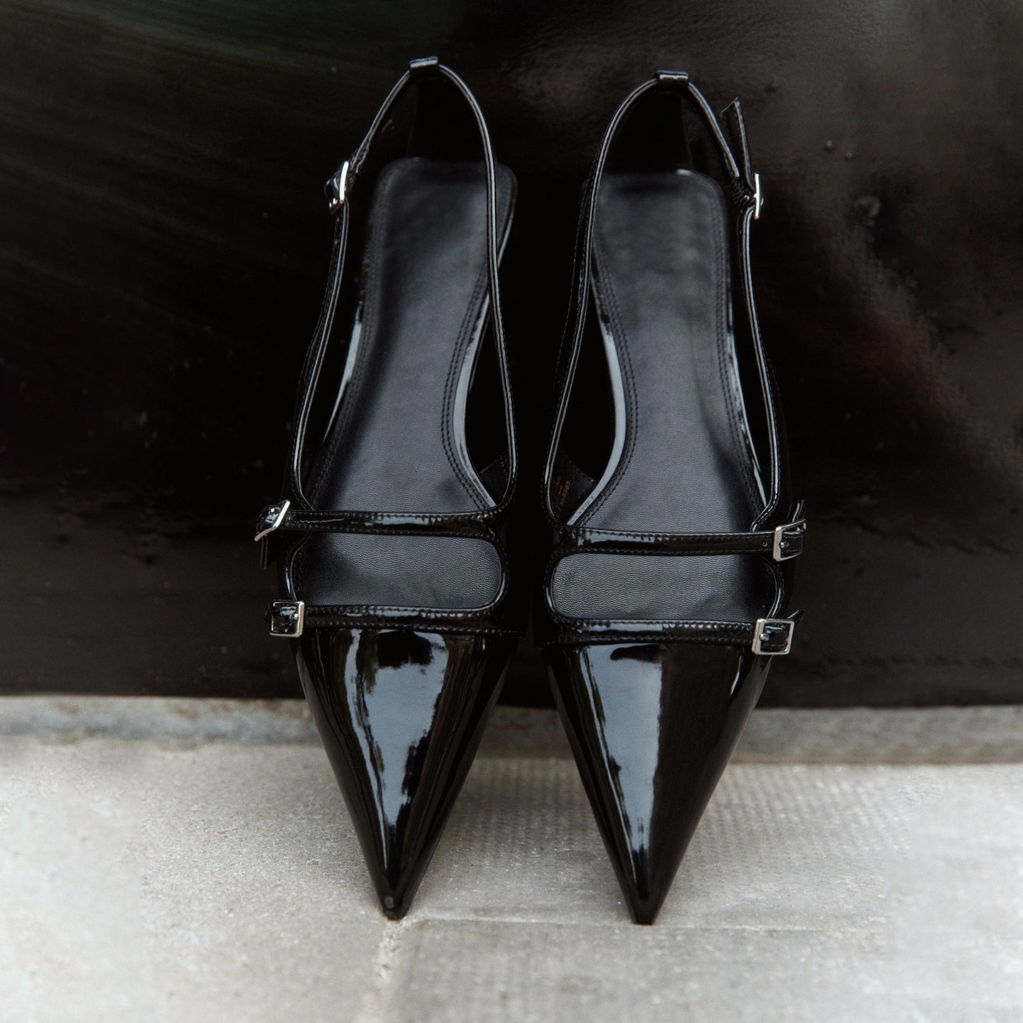 Patent Black Pointed-Toe Front Double Straps Slingback Flats