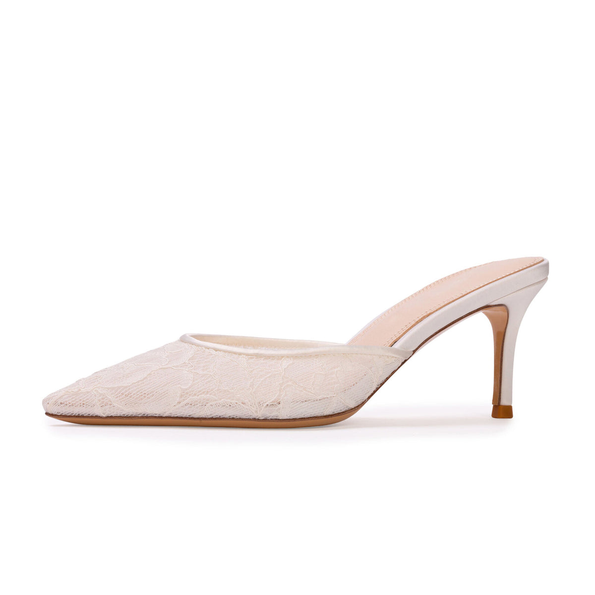 White Lace Mesh Pointed-Toe Backless Simple Kitten Heels