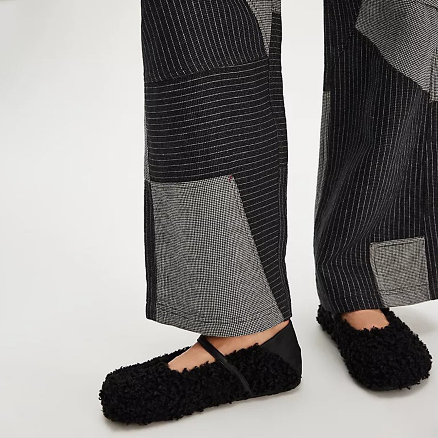 Black Plush Square-Toe Vegan Leather Bridge Strap Ballet Flats