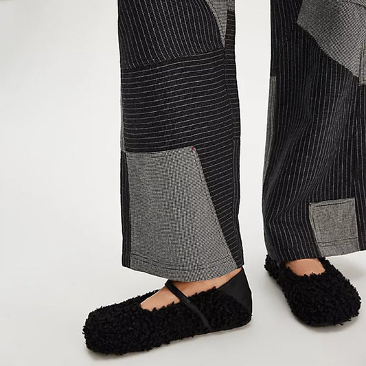 Black Plush Square-Toe Vegan Leather Bridge Strap Ballet Flats