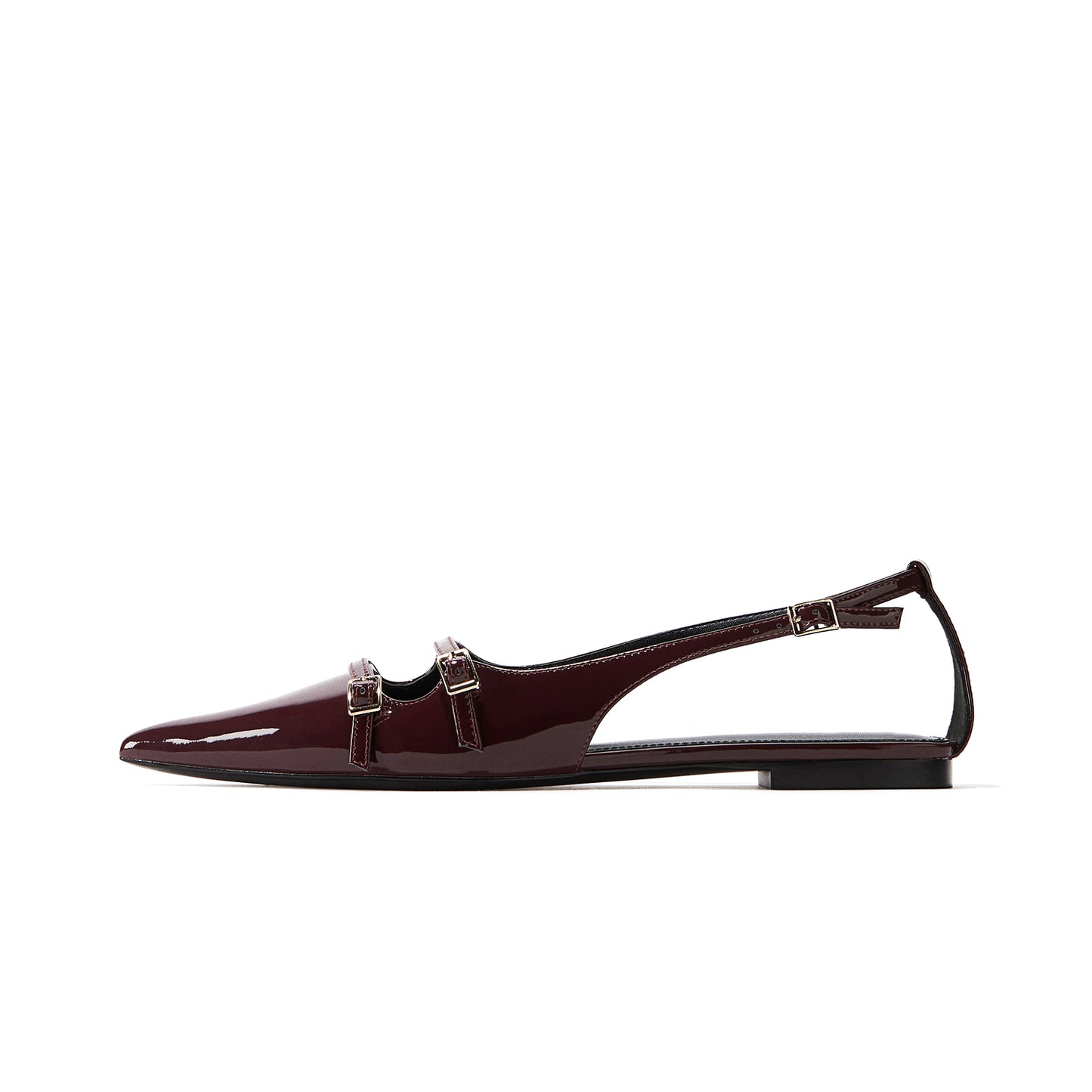 Patent Burgundy Pointed-Toe Front Double Straps Slingback Flats
