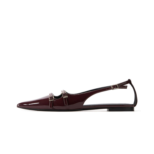 Patent Burgundy Pointed-Toe Front Double Straps Slingback Flats