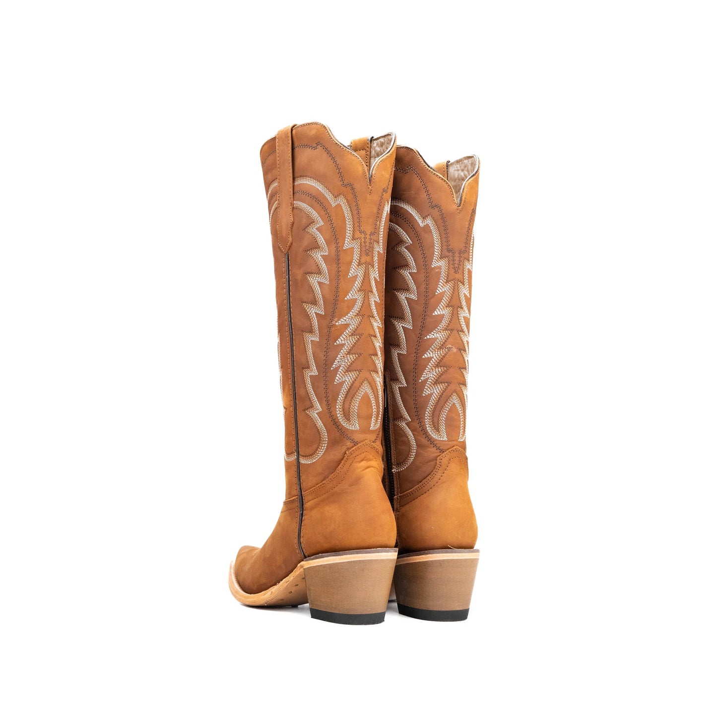Tan Snip-Toe Thread Stitching Half-Zip Knee High Cowgirl Boots