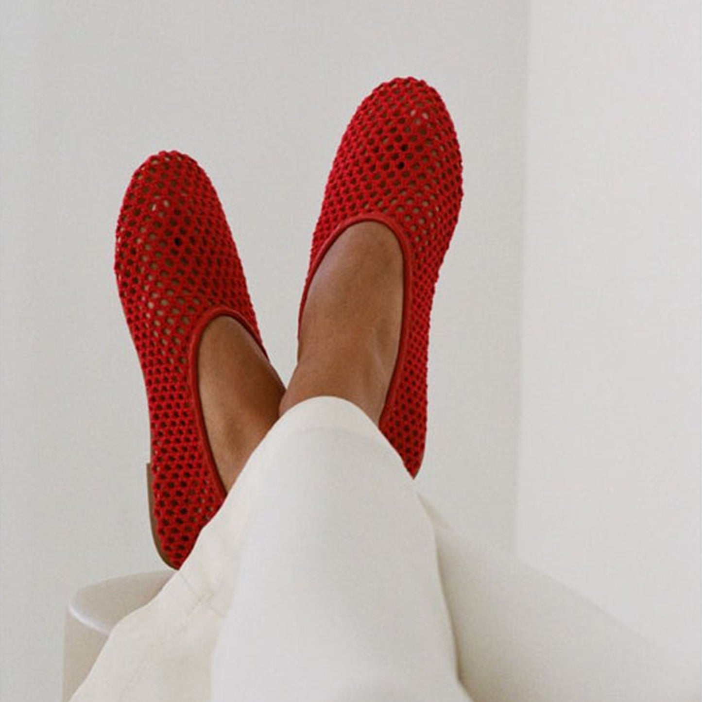 Red Woven Vegan Leather Round-Toe Slip-On Stylish Flats