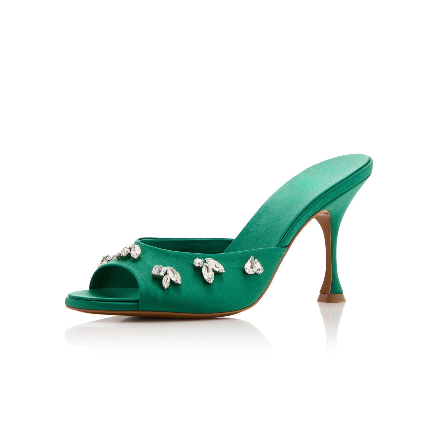 Green Satin Peep Round-Toe Front Crystals Slip-On Backless High Heels