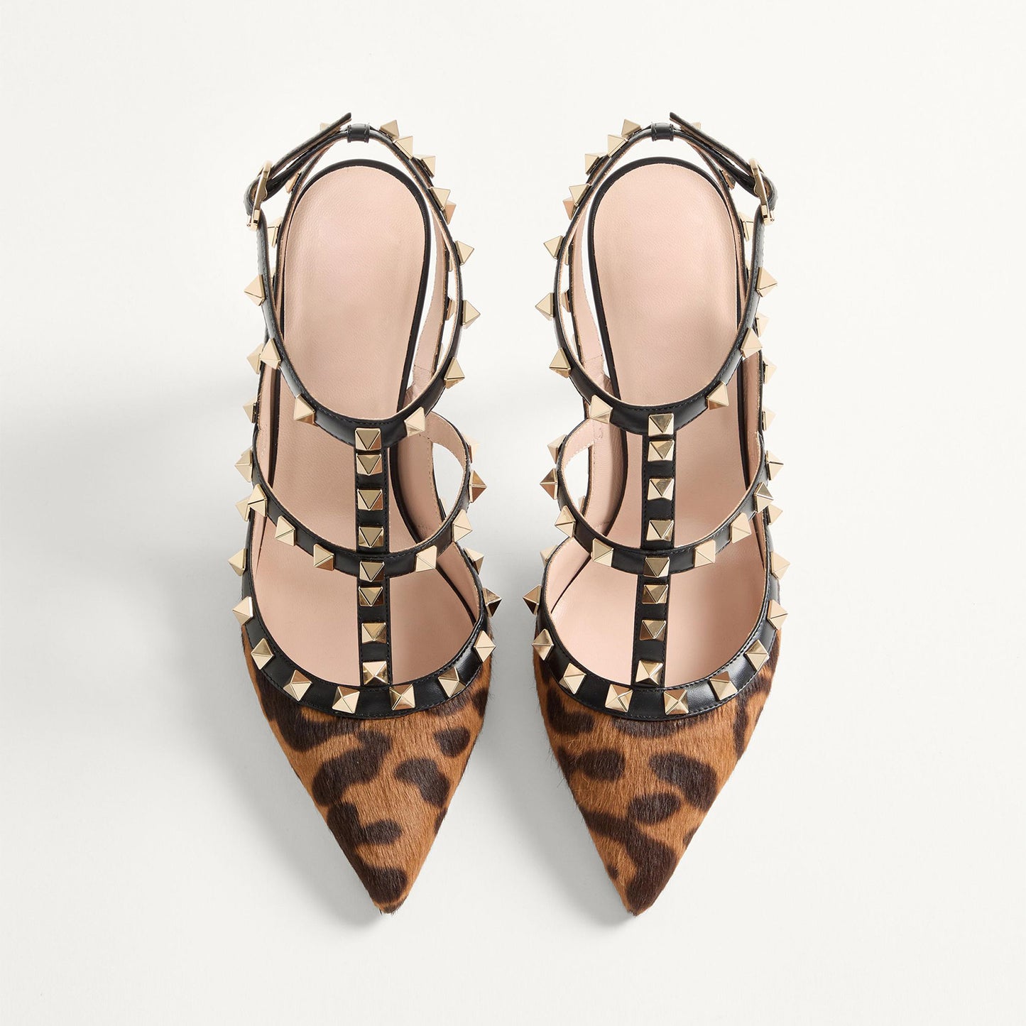 Leopard Pointed-Toe Studded Strappy Slingback High Heels