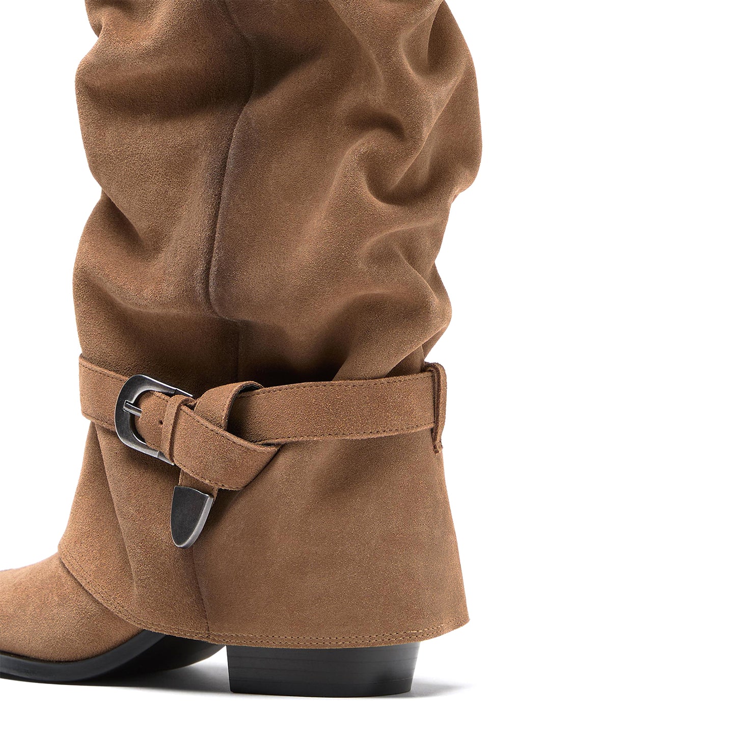 Camel Faux Suede Almond-Toe Fold-Over With Buckle Strap Mid Calf Cowgirl Boots