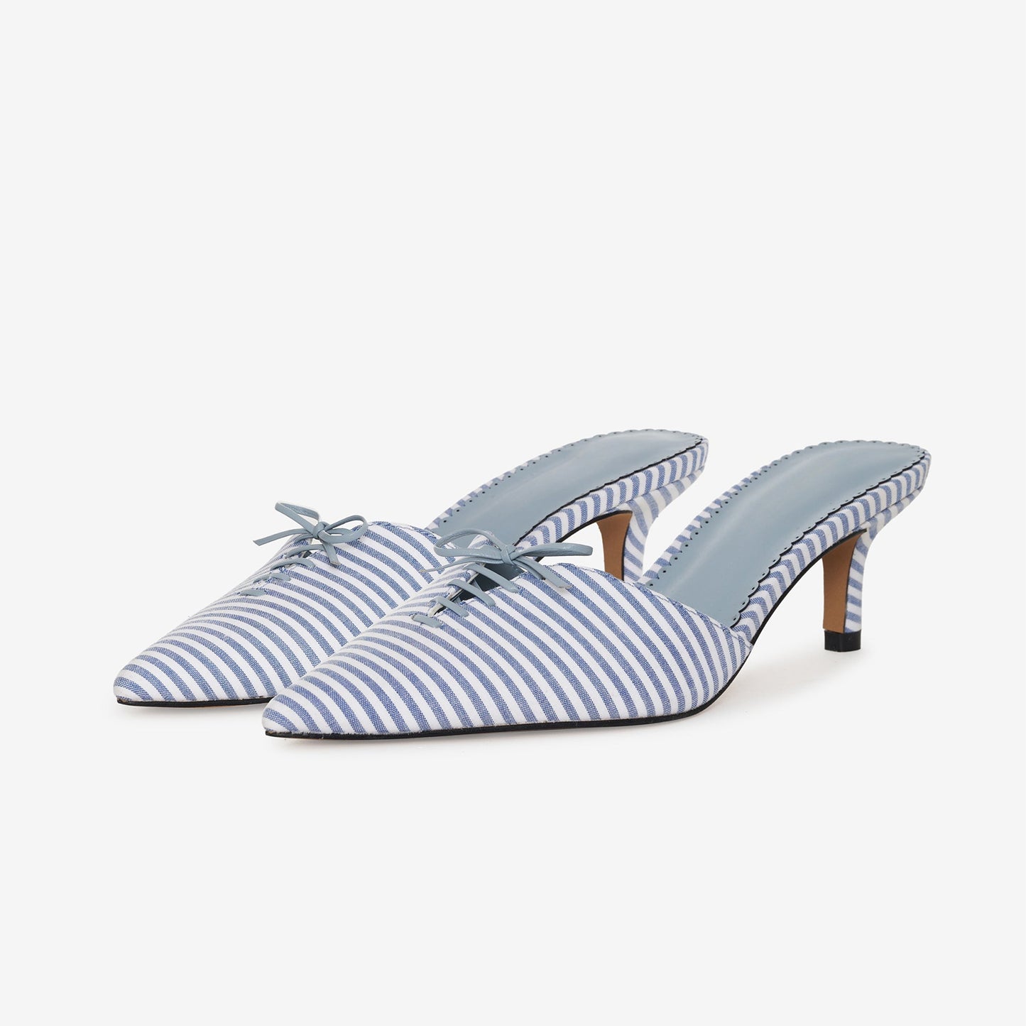 Blue Canvas Pointed-Toe Slip-On Backless Chic Kitten Heels