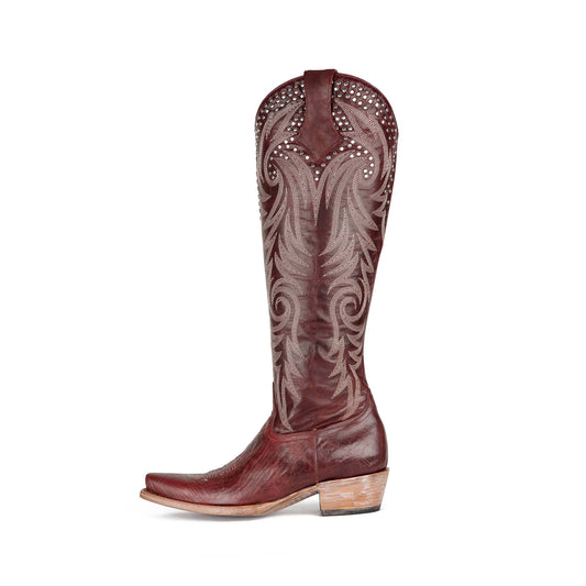 Dark Red Snip-Toe Studs And Embroidery Classic Half-Zip Knee High Cowgirl Boots