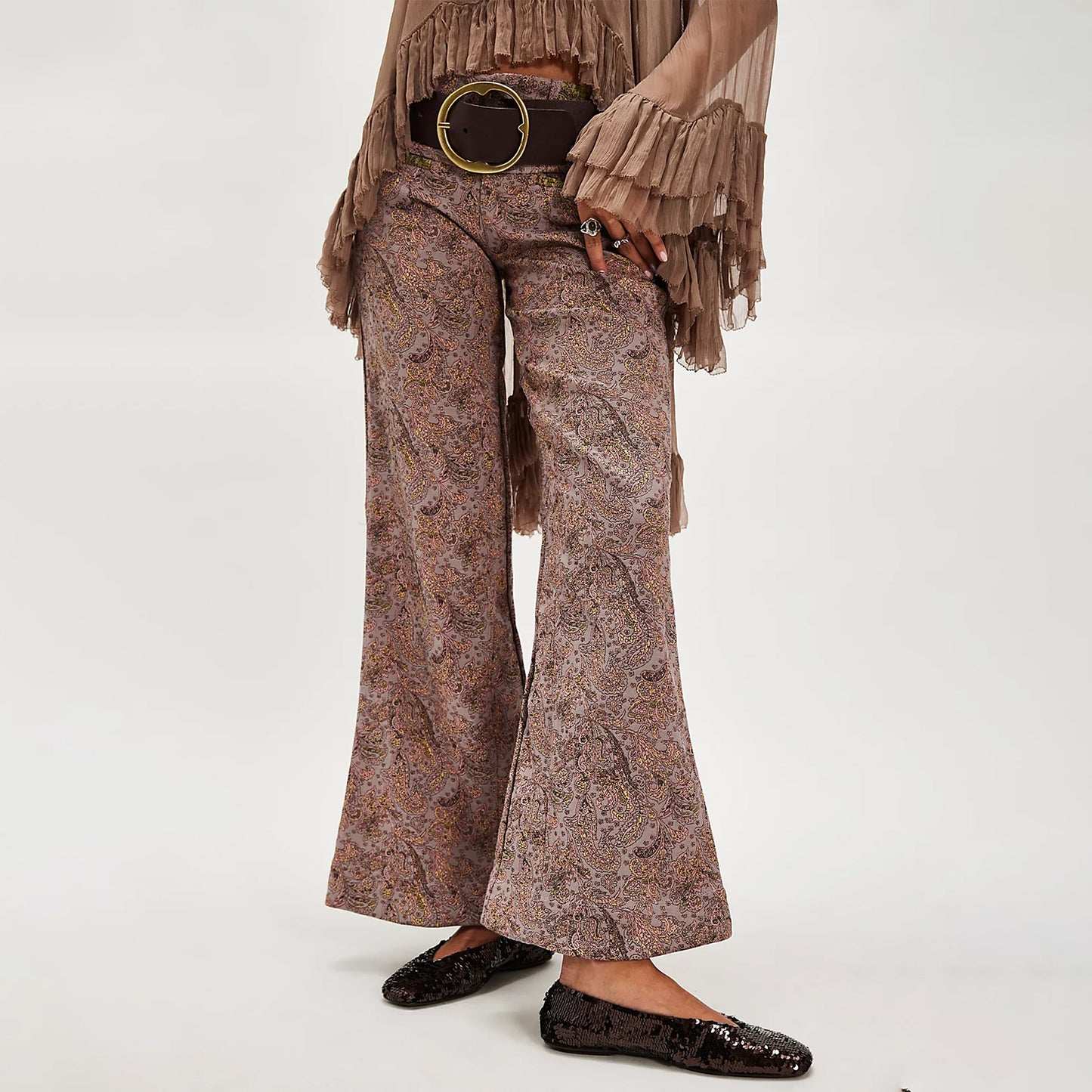 Dark Brown Satin Round-Toe Classic Ballet Slip-On Sequin Flats