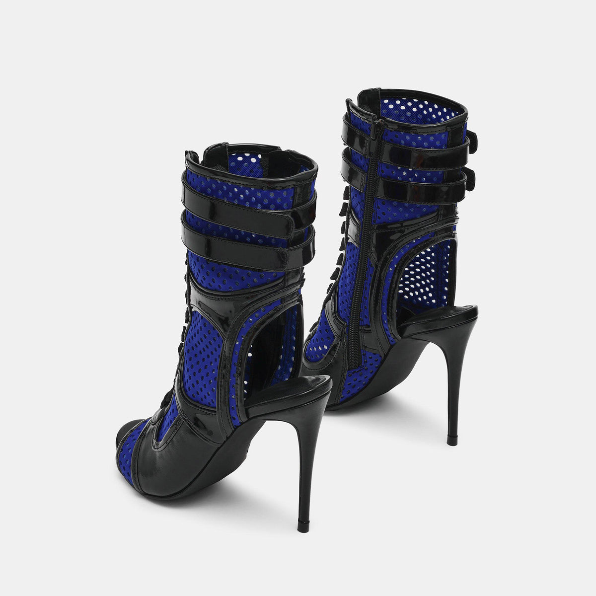 Black Vegan Leather And Blue Mesh Peep Round-Toe Front Lace-Up Strappy Side Full-Zip Stiletto Shoes