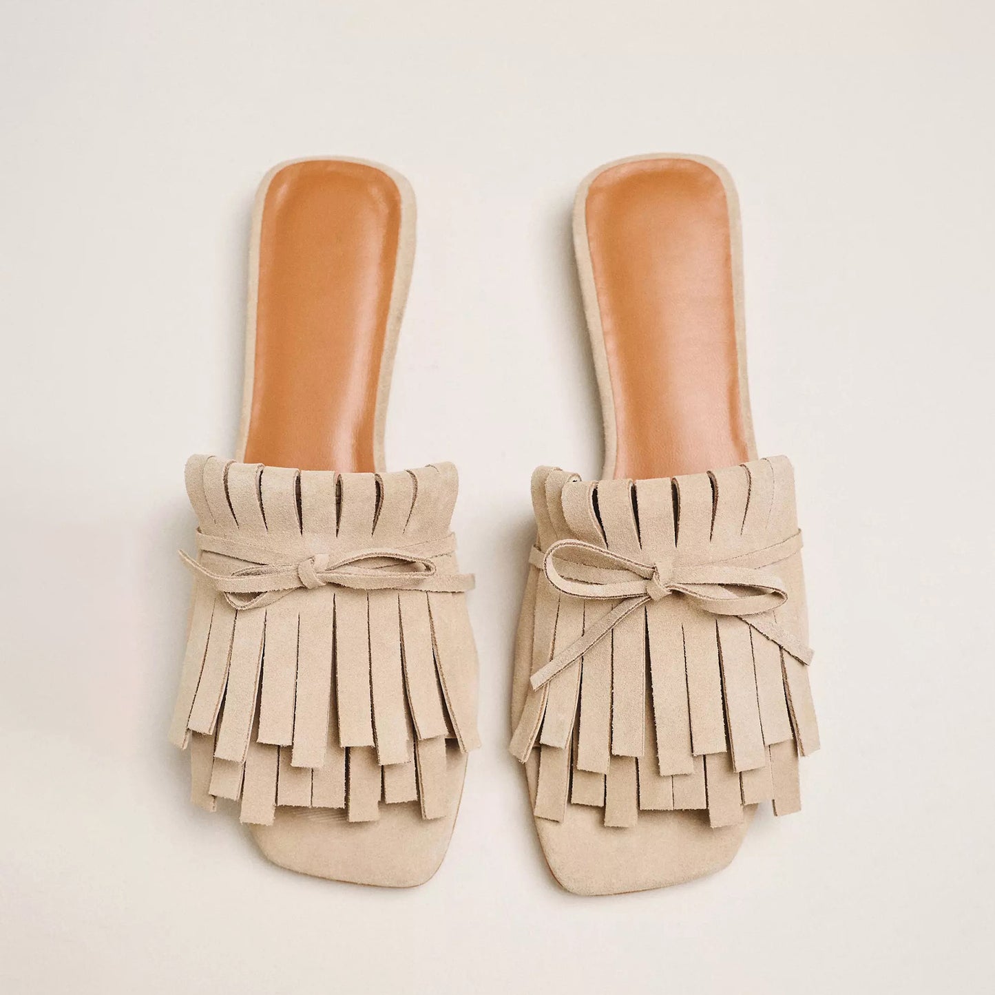 Taupe Faux Suede Peep Square-Toe Front Fringe And Bow Sandals Flats