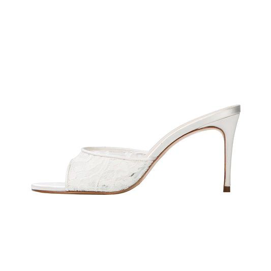 White Lace And Satin Snip-Toe Classic Backless High Heels