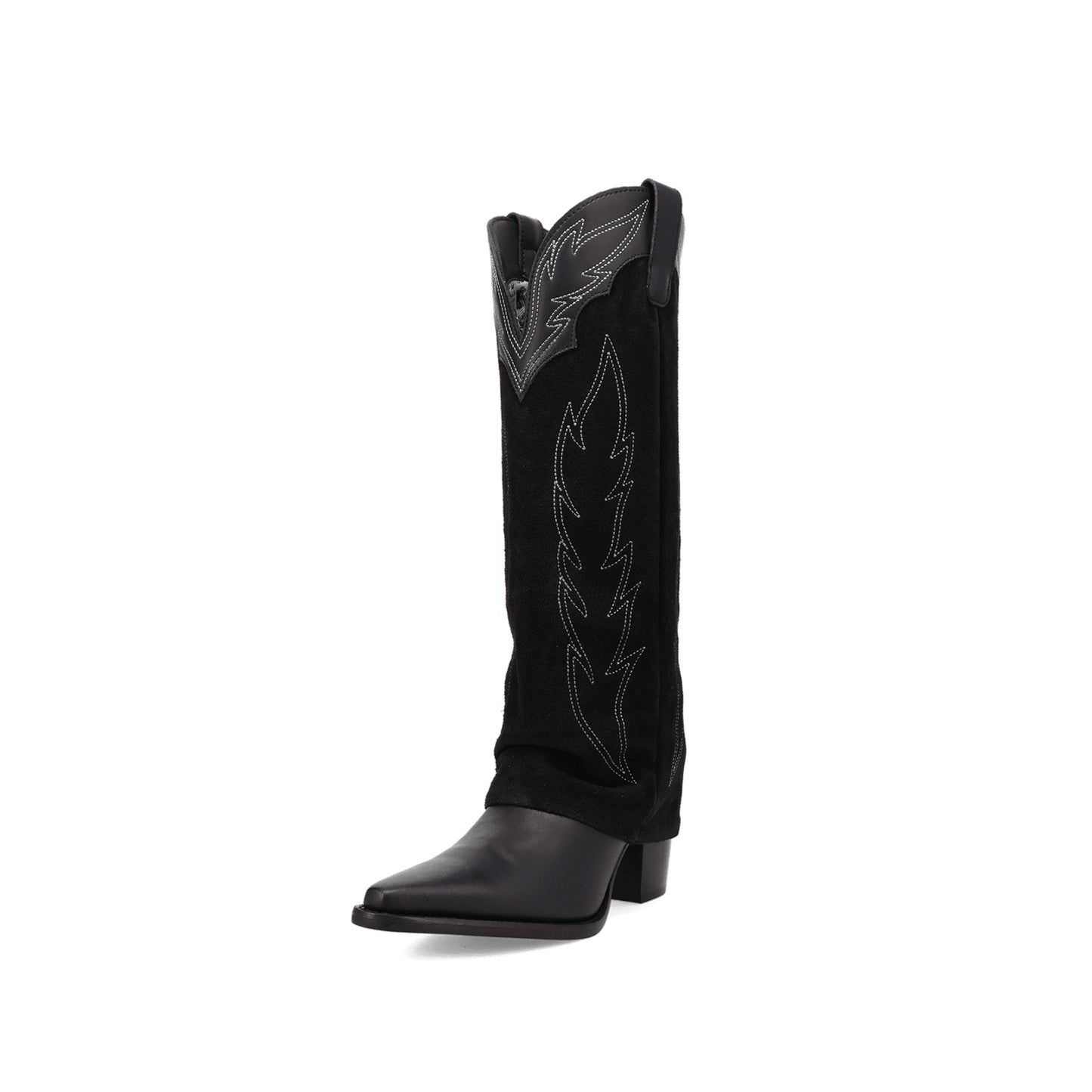Black Snip-Toe Faux Suede Fold-Over Embroidery Wide Calf Knee High Cowgirl Boots