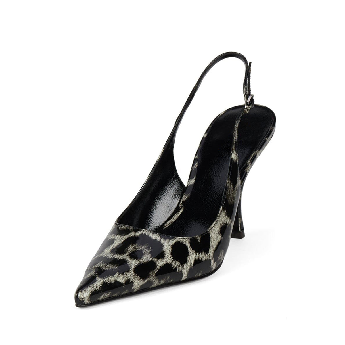 Patent Gray Leopard Pattern Pointed-Toe Slingback Chic High Heels