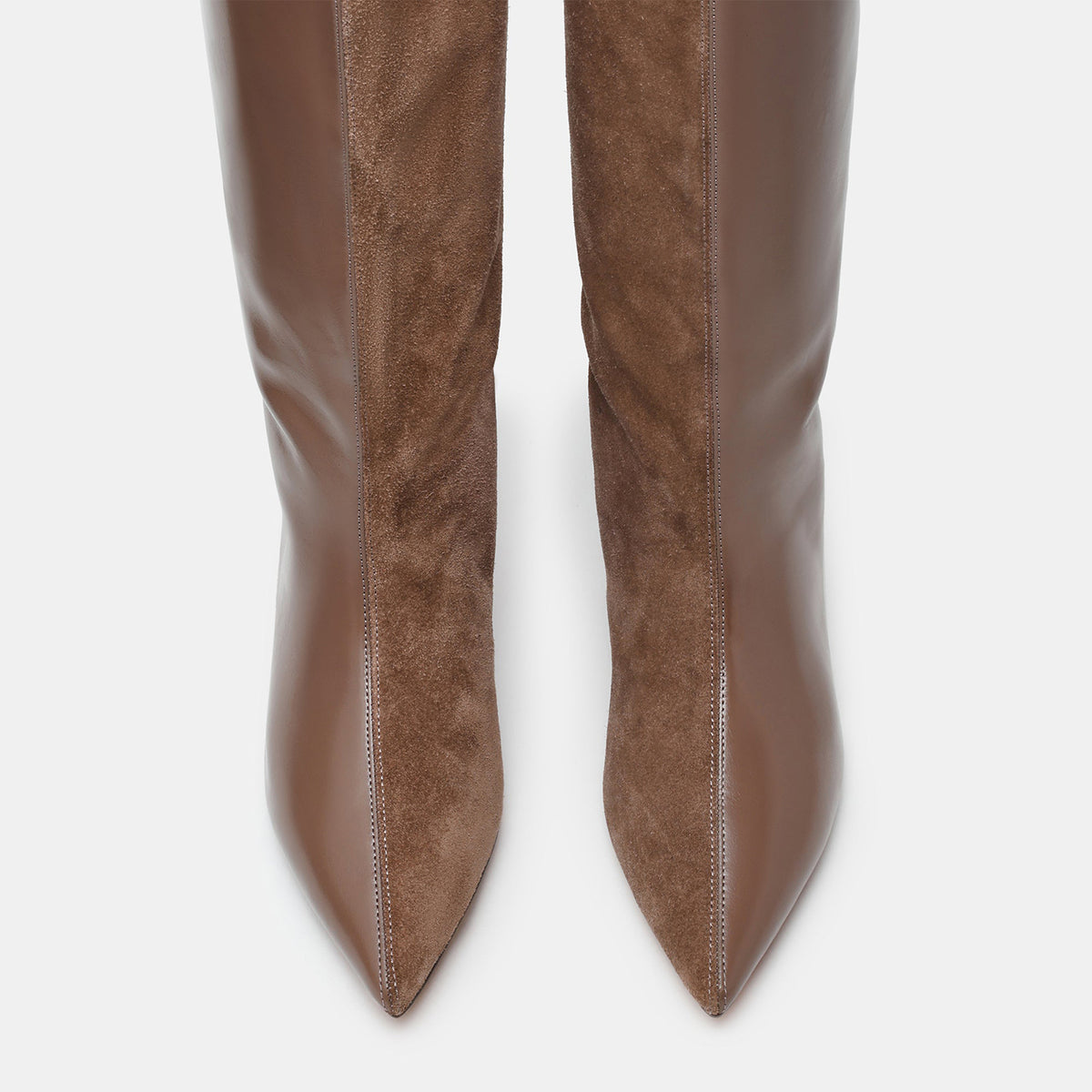 Taupe Faux Suede And Vegan Leather Pointed-Toe Wide Calf Knee High Stiletto Boots