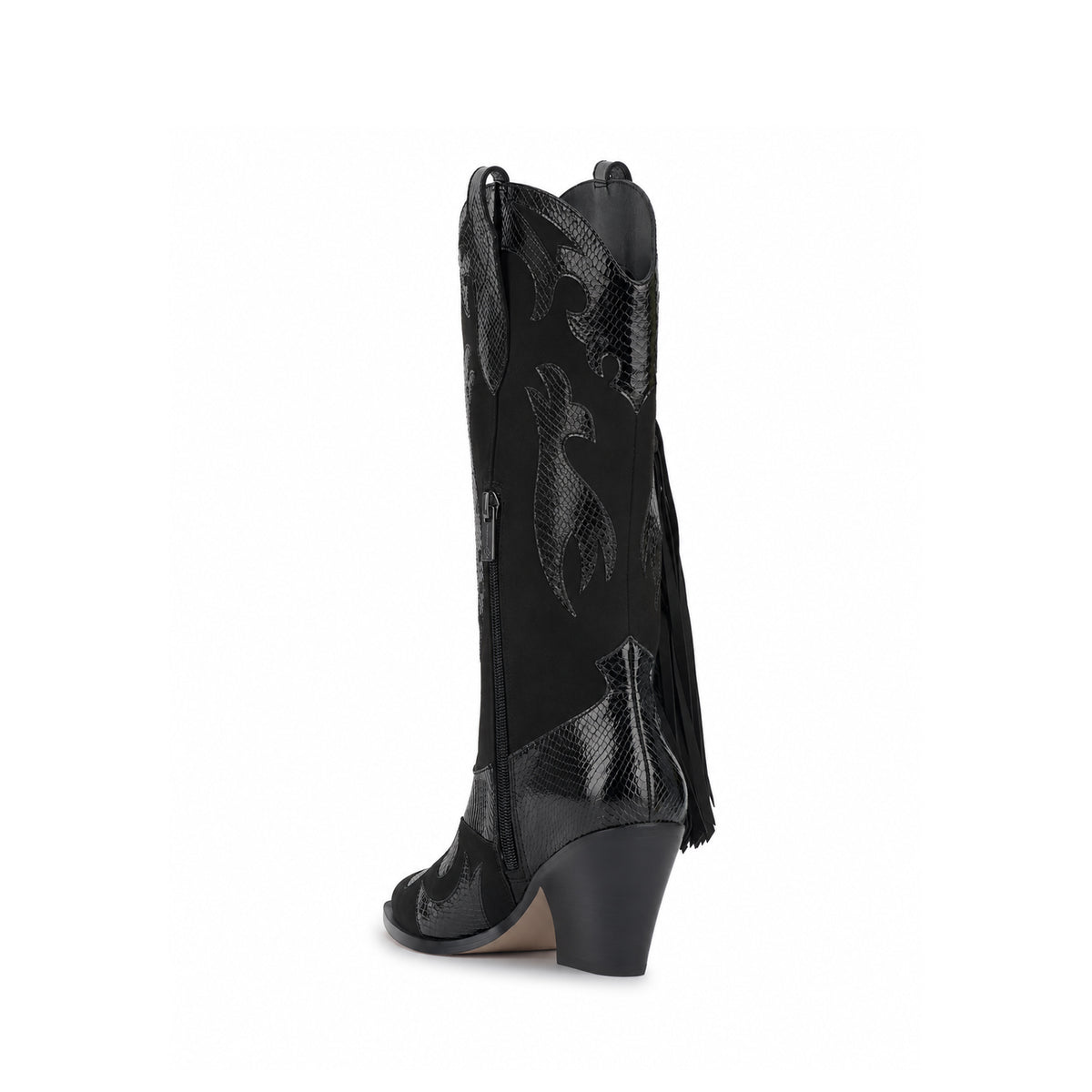 Black And Snakeskin Pattern Almond-Toe Applique And Side Fringe Half-Zip Knee High Cowgirl Boots