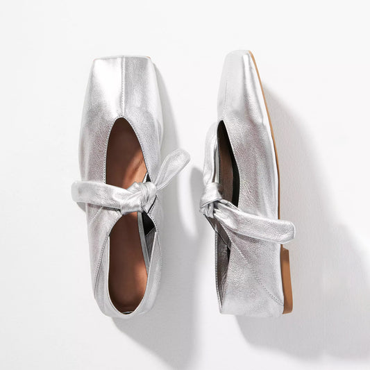 Metallic Sliver Square-Toe Center Lace-Up Ballet Flats