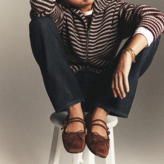 Mahogany Faux Suede Square-Toe Double Bridge Strap Front Bow Ballet Flats